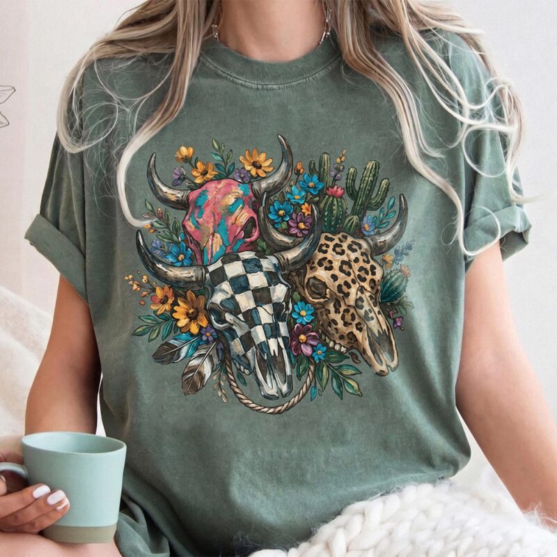 Boho Western Cow Skull Graphic Tee Floral Checker Shirt