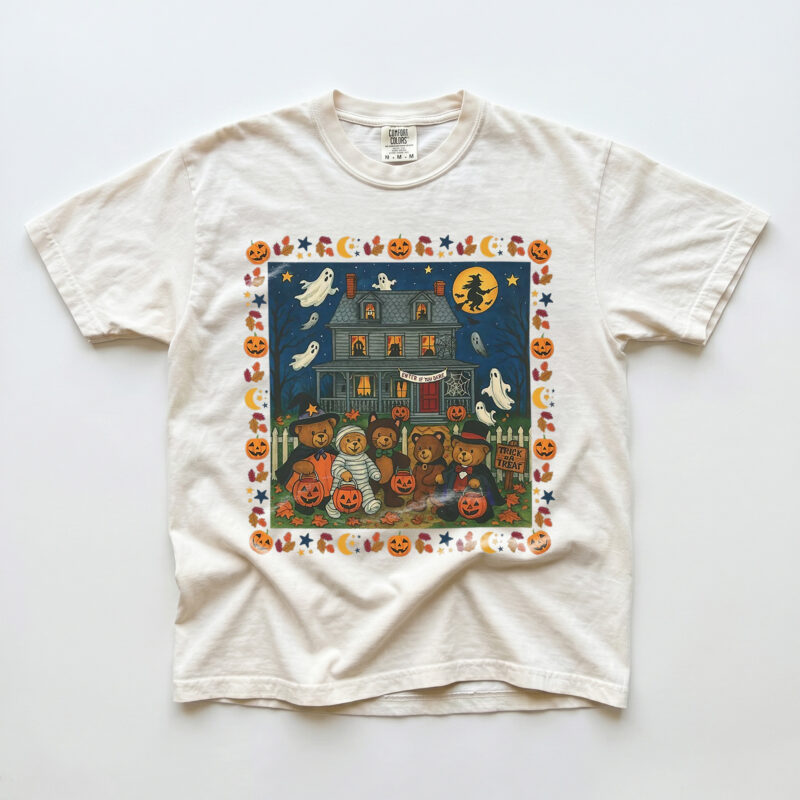 Vintage Trick or Treat Bear Haunted House Halloween T-Shirt