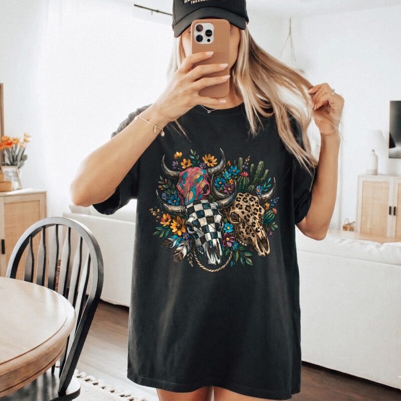 Boho Western Cow Skull Graphic Tee Floral Checker Shirt