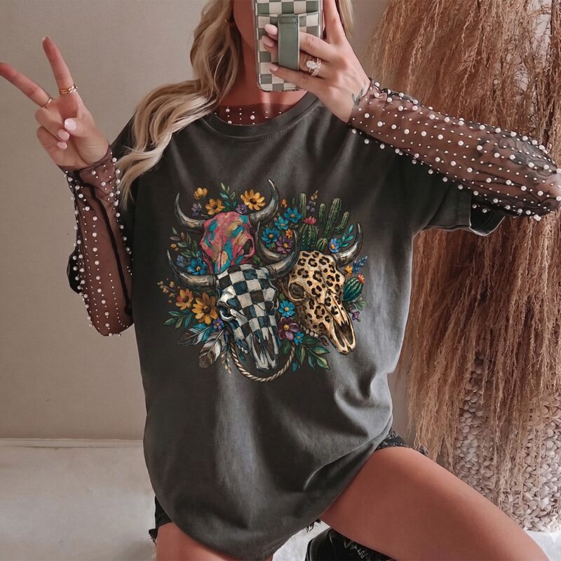 Boho Western Cow Skull Graphic Tee Floral Checker Shirt