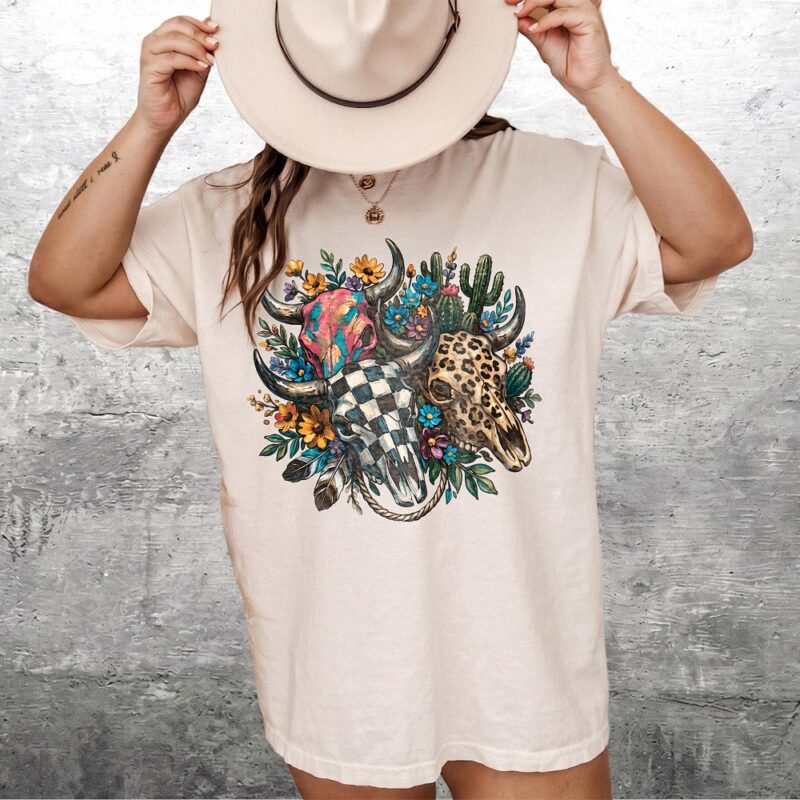 Boho Western Cow Skull Graphic Tee Floral Checker Shirt
