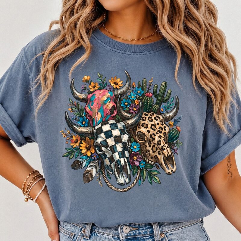 Boho Western Cow Skull Graphic Tee Floral Checker Shirt
