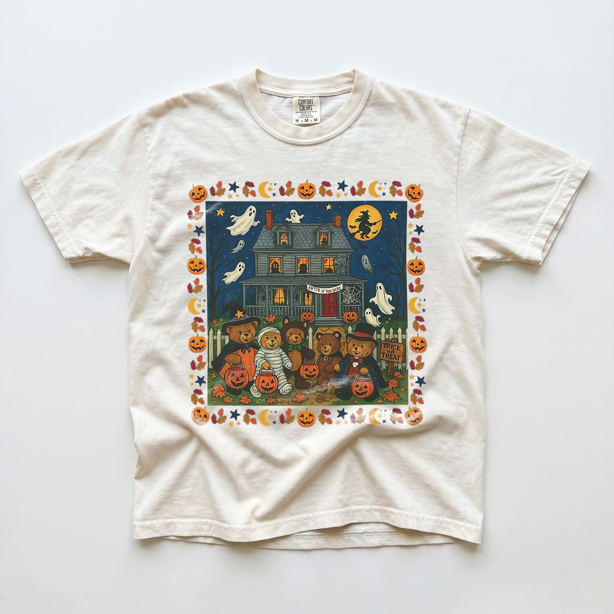Vintage Trick or Treat Bear Haunted House Halloween T-Shirt