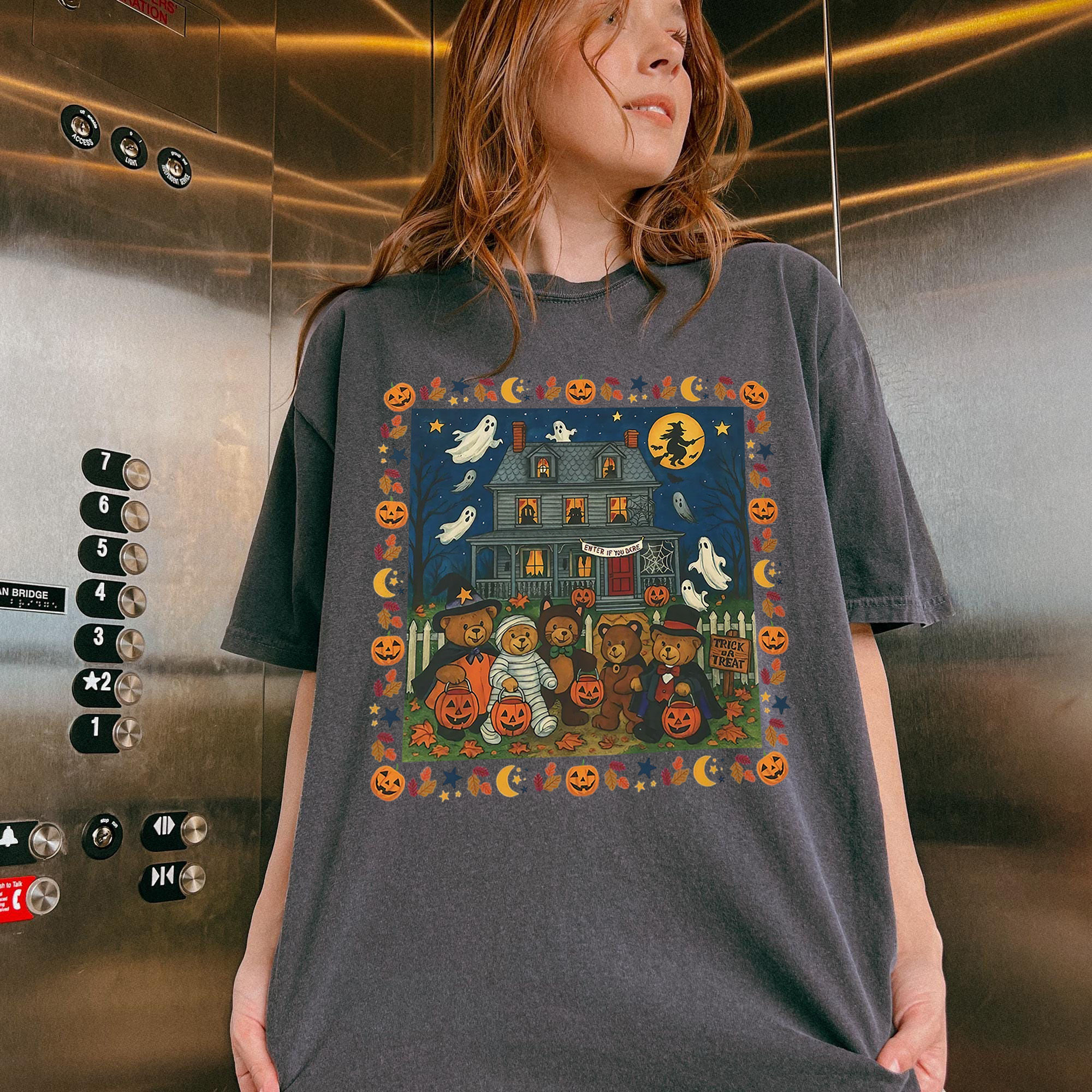 Vintage Trick or Treat Bear Haunted House Halloween T-Shirt