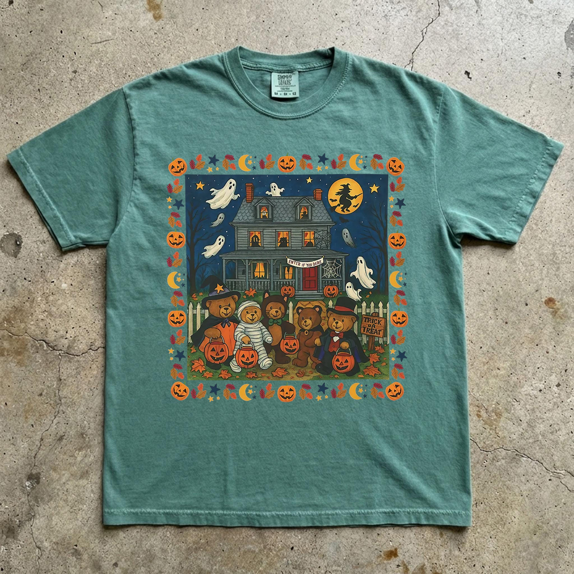 Vintage Trick or Treat Bear Haunted House Halloween T-Shirt
