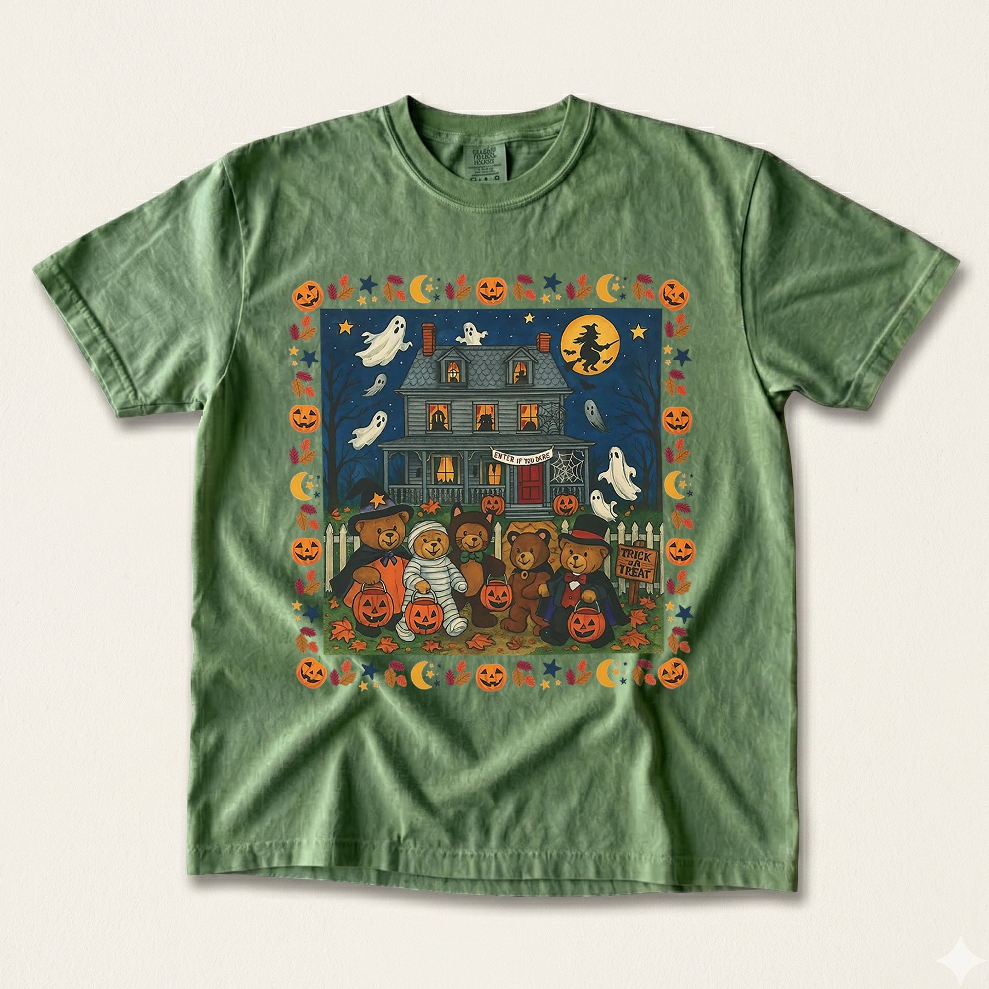 Vintage Trick or Treat Bear Haunted House Halloween T-Shirt