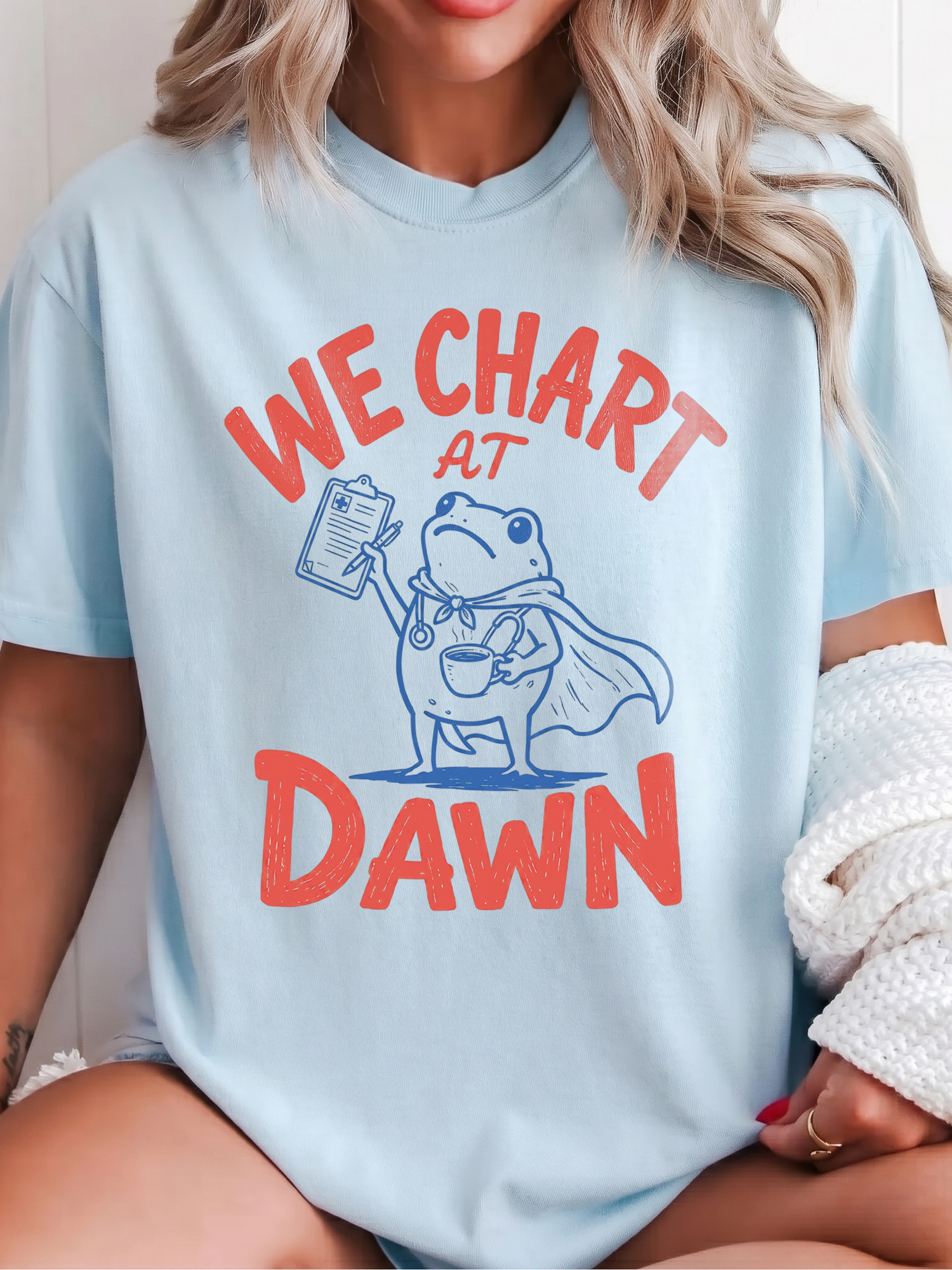 Funny Night Shift Nurse T-Shirt | We Chart At Dawn Frog Medical Tee