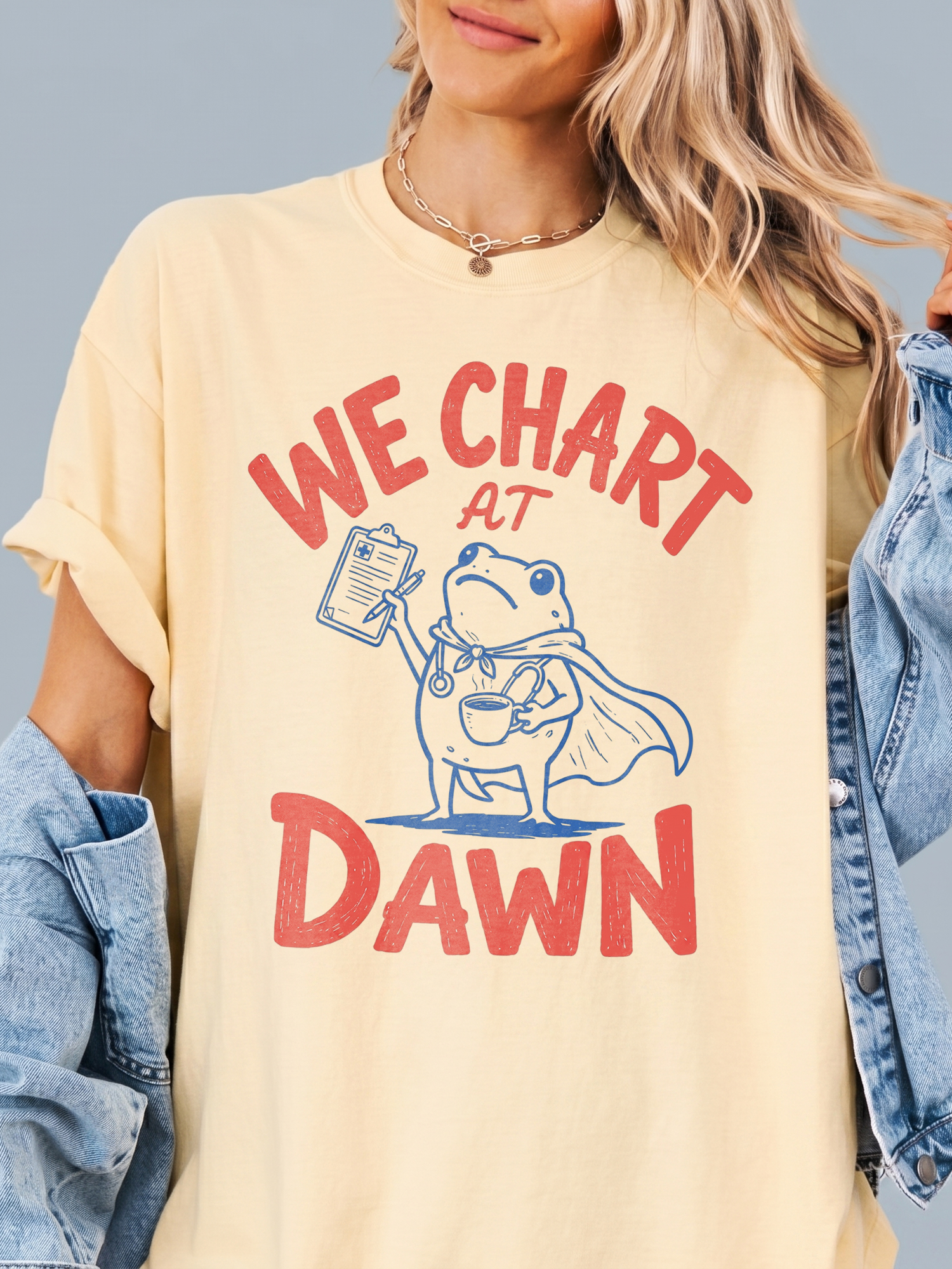 Funny Night Shift Nurse T-Shirt | We Chart At Dawn Frog Medical Tee