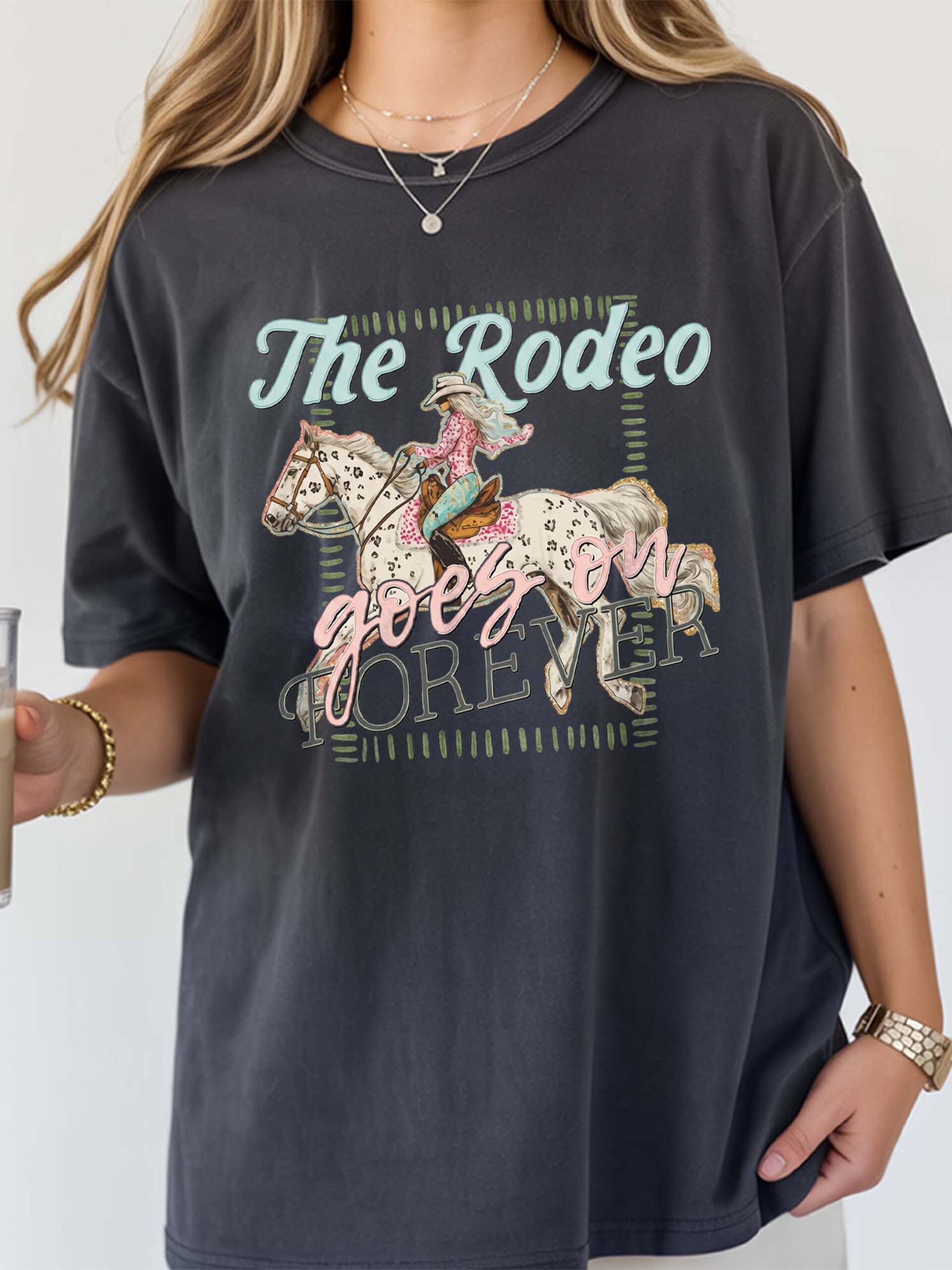 The Rodeo Goes On Forever Vintage Cowgirl Graphic Tee