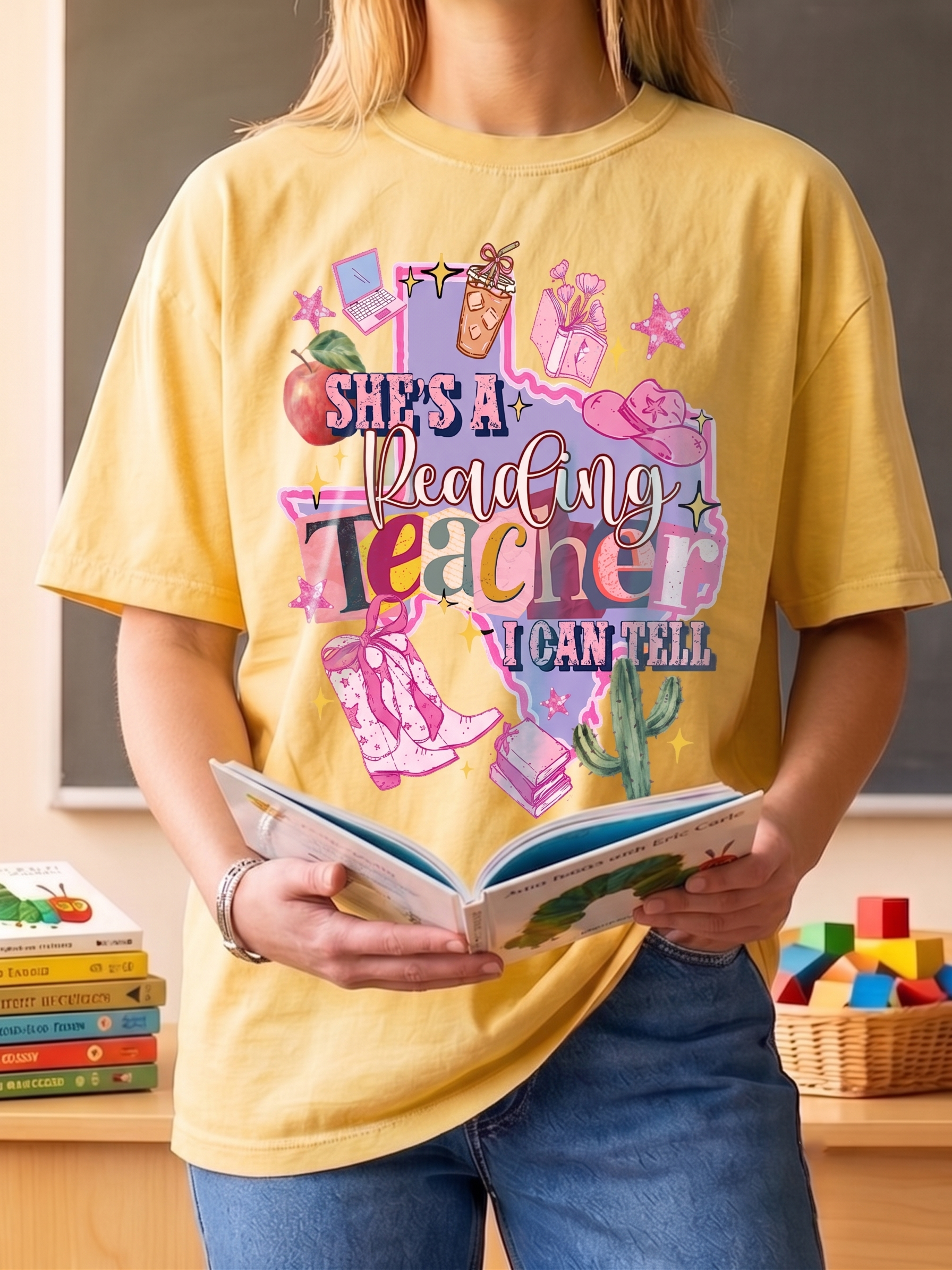 She's A Reading Teacher I Can Tell Texas Western Cowgirl Back To School T-Shirt Graphic Tee