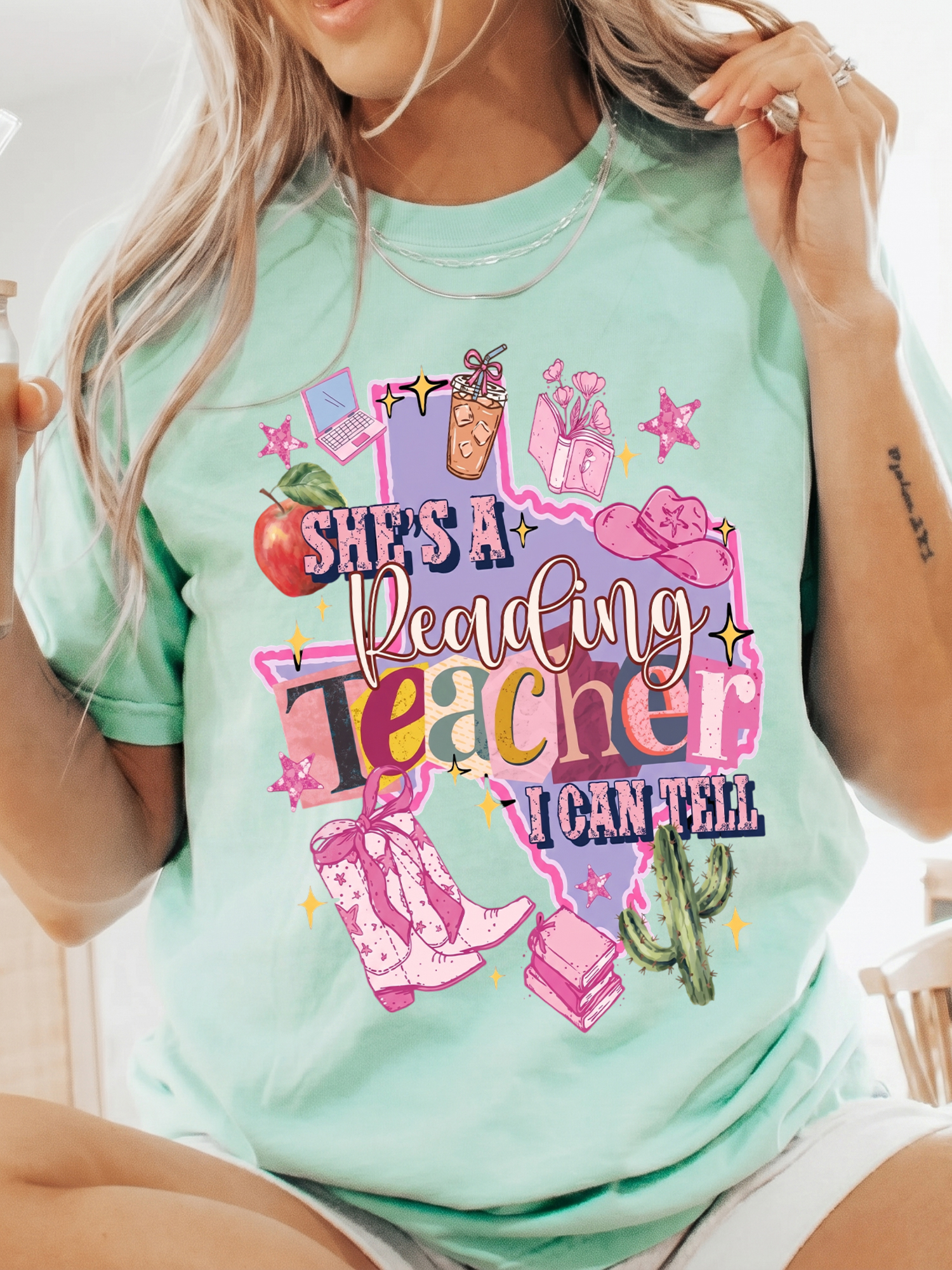 She's A Reading Teacher I Can Tell Texas Western Cowgirl Back To School T-Shirt Graphic Tee