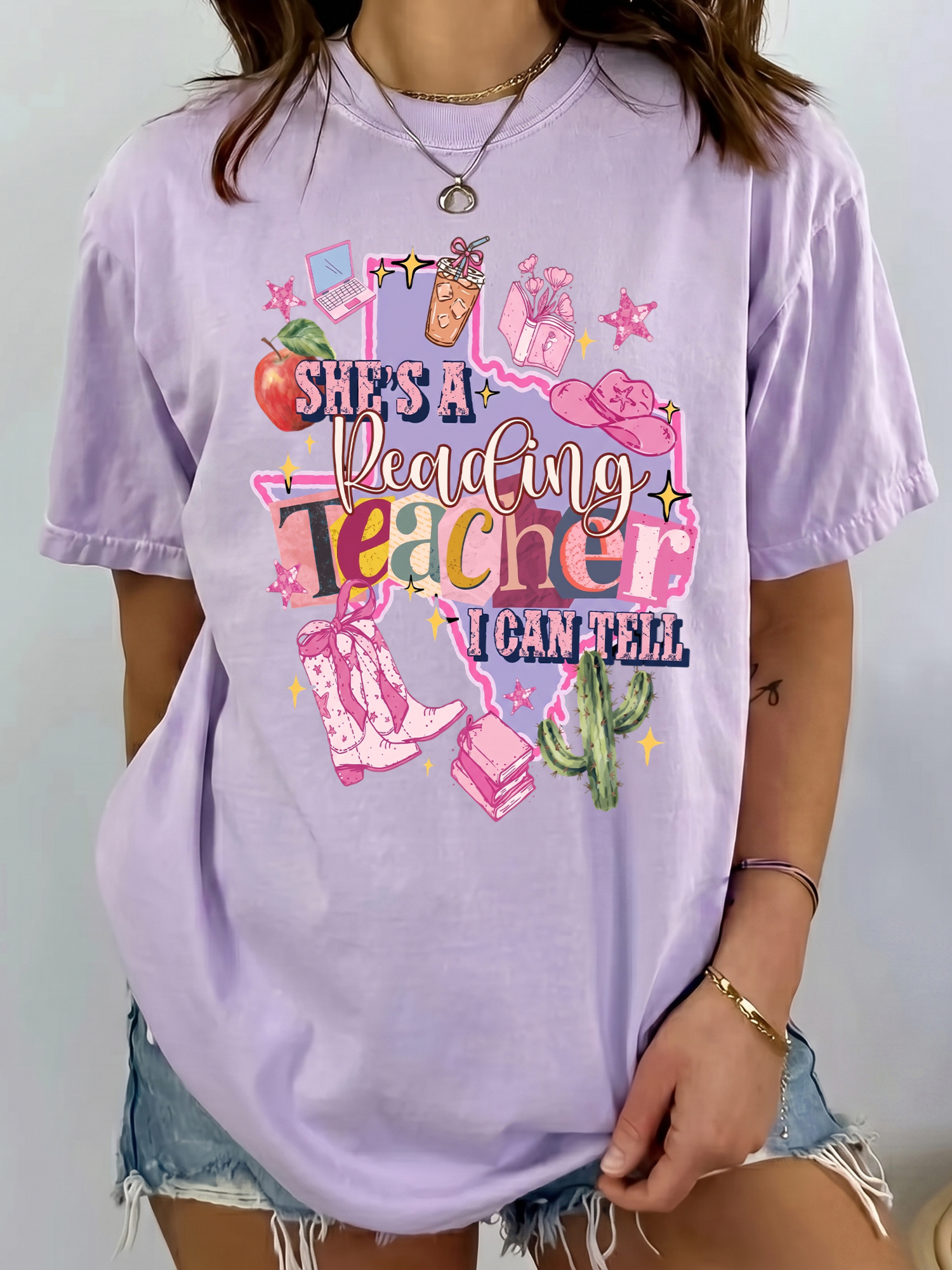 She's A Reading Teacher I Can Tell Texas Western Cowgirl Back To School T-Shirt Graphic Tee