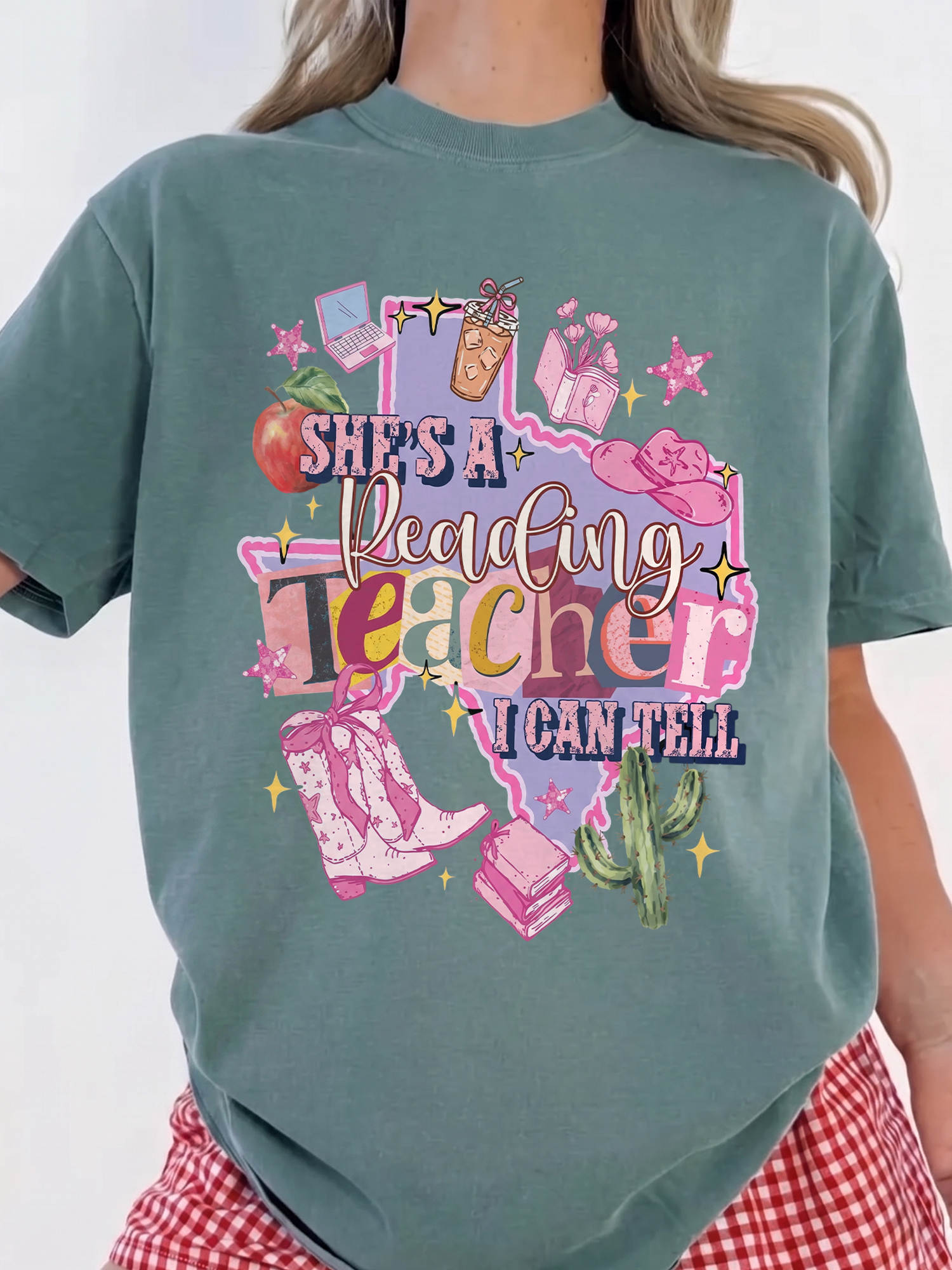 She's A Reading Teacher I Can Tell Texas Western Cowgirl Back To School T-Shirt Graphic Tee