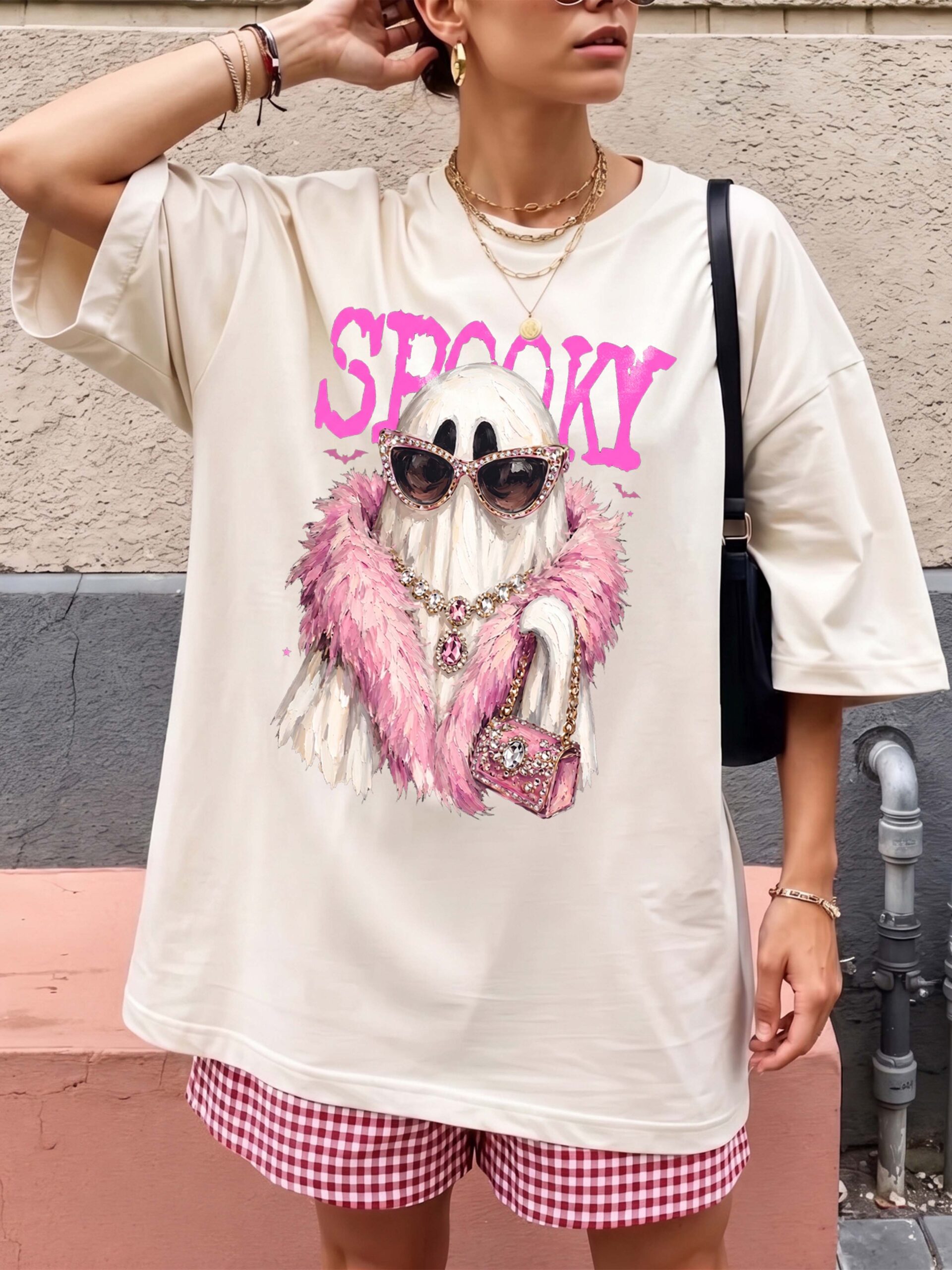Spooky Girly Ghost Pink Halloween Oversized Graphic Tee