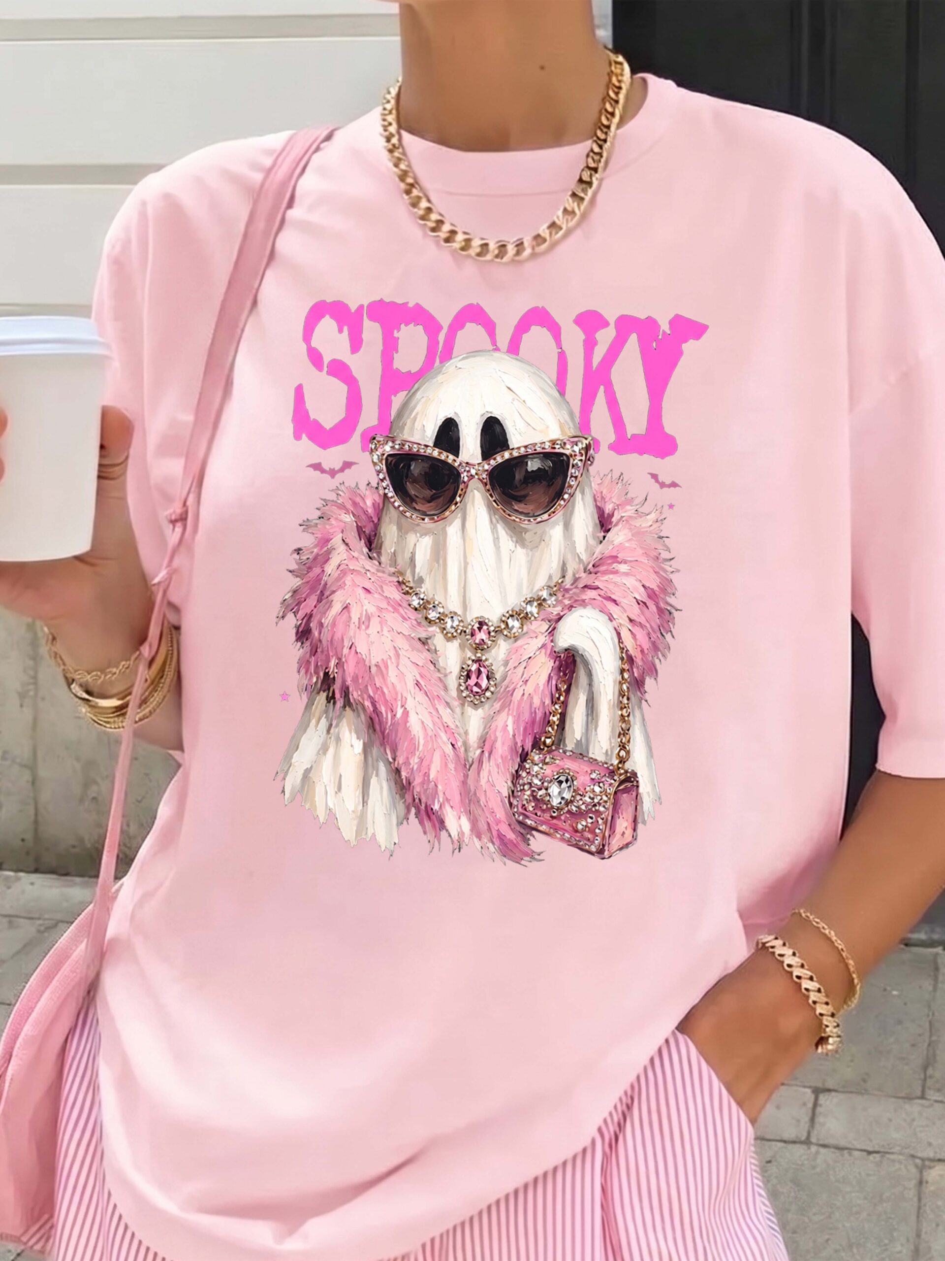 Spooky Girly Ghost Pink Halloween Oversized Graphic Tee