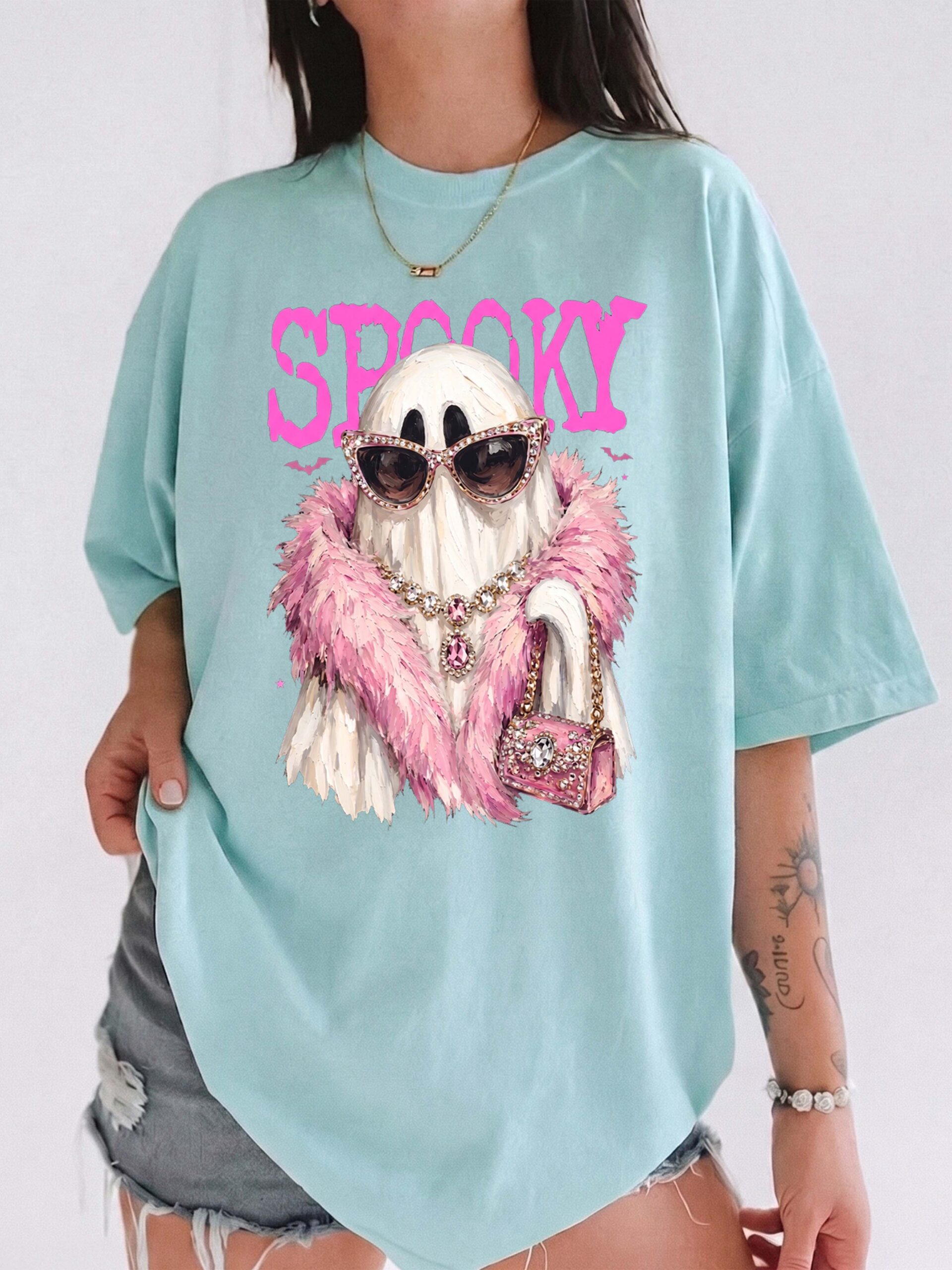 Spooky Girly Ghost Pink Halloween Oversized Graphic Tee