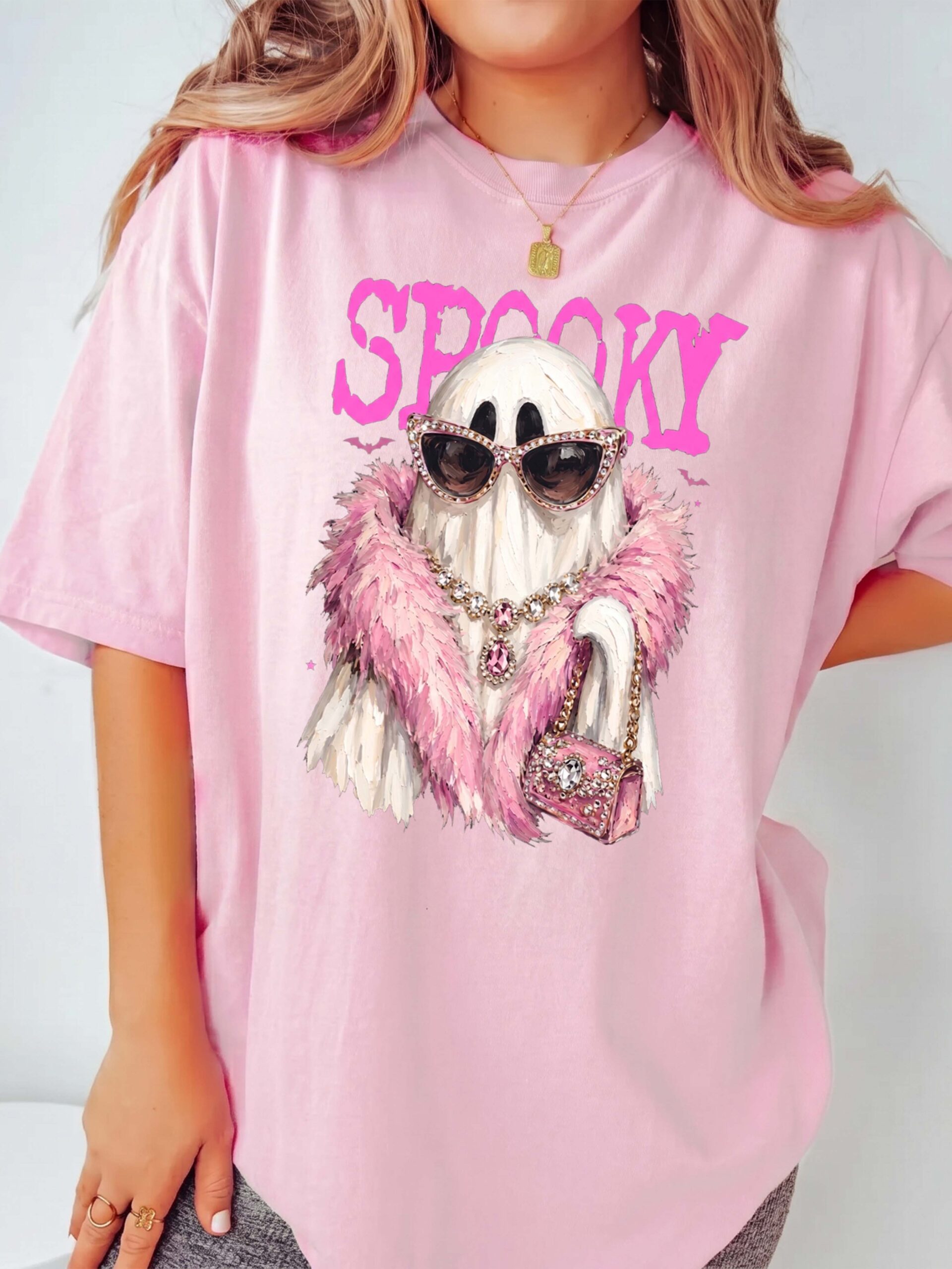 Spooky Girly Ghost Pink Halloween Oversized Graphic Tee