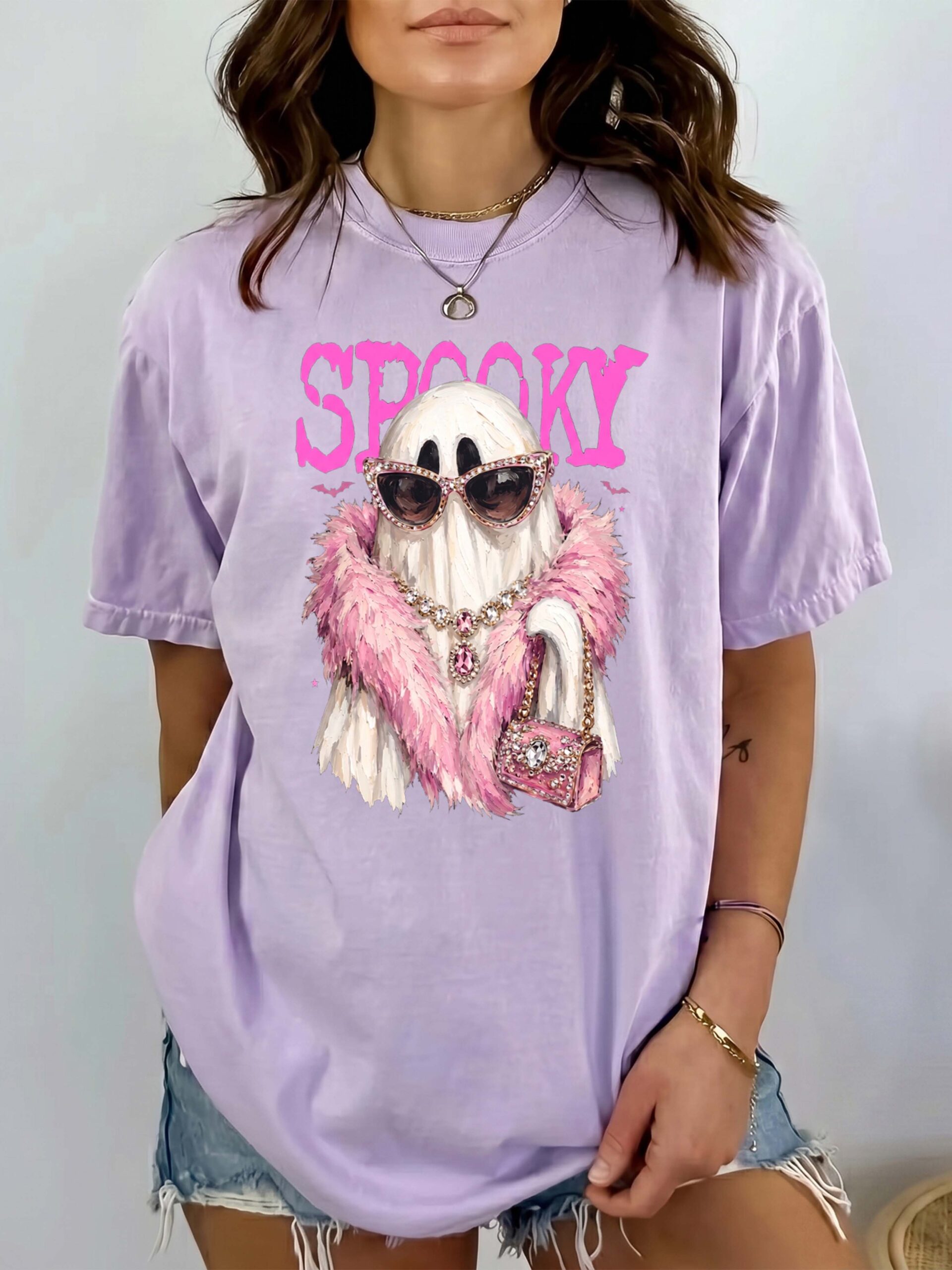 Spooky Girly Ghost Pink Halloween Oversized Graphic Tee