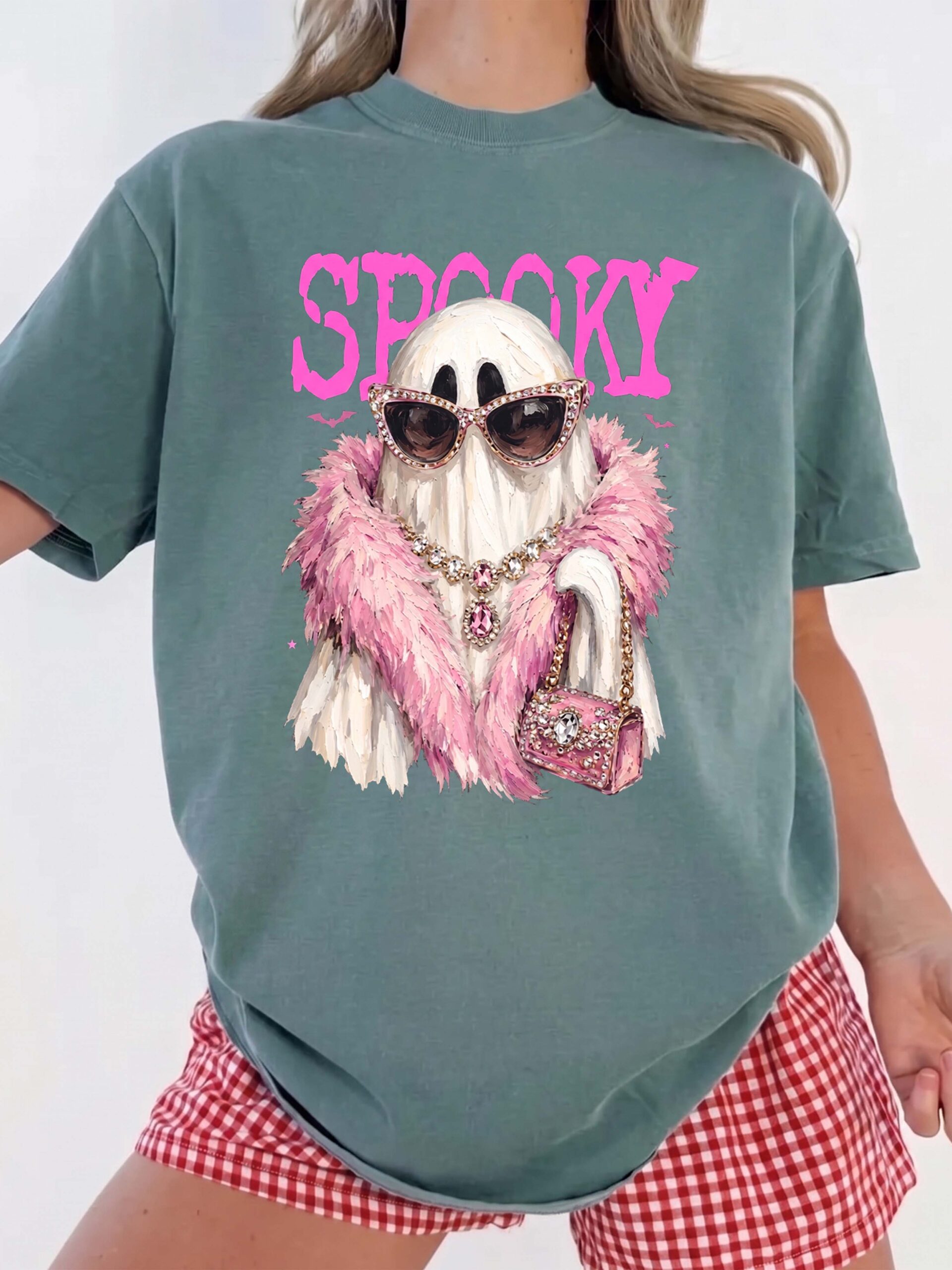 Spooky Girly Ghost Pink Halloween Oversized Graphic Tee