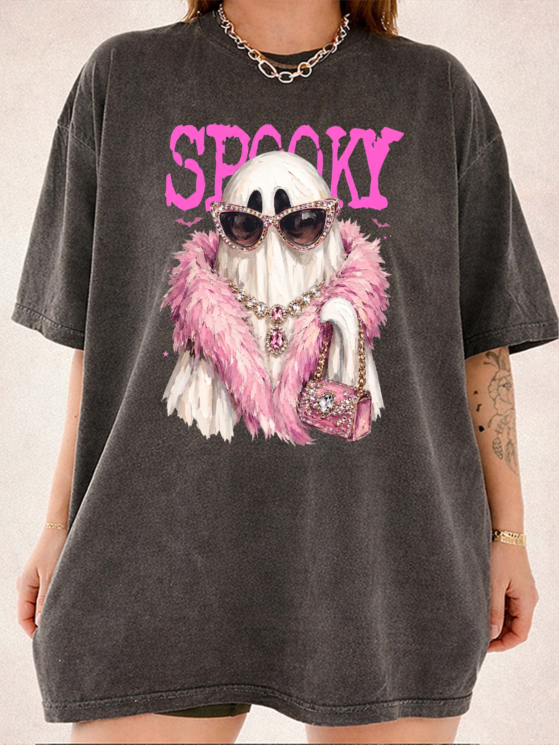 Spooky Girly Ghost Pink Halloween Oversized Graphic Tee