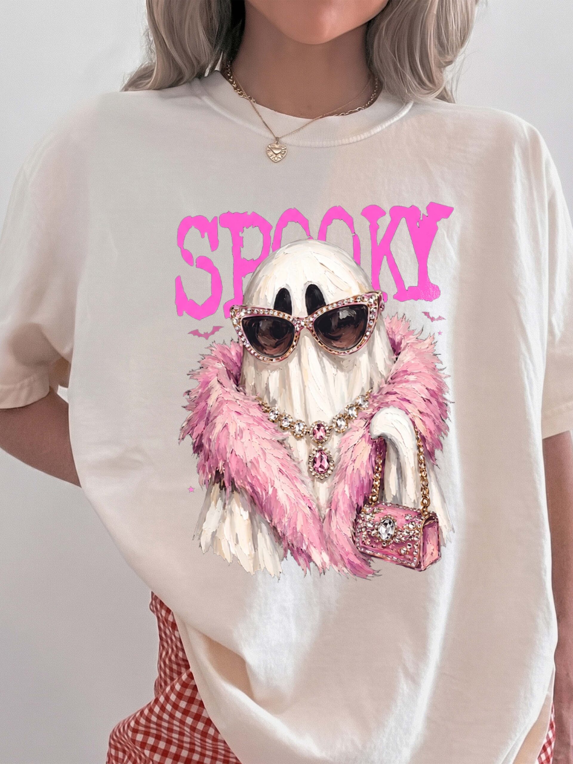 Spooky Girly Ghost Pink Halloween Oversized Graphic Tee