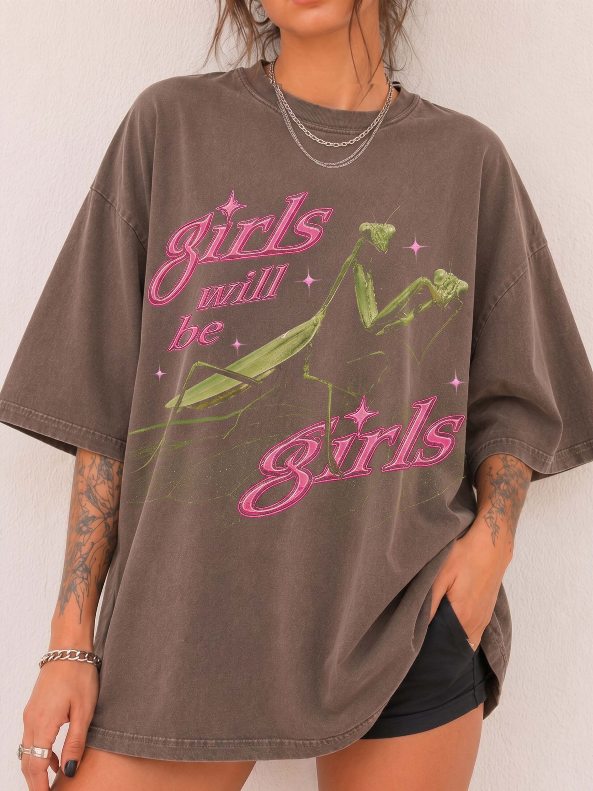 Girls Will Be Girls Praying Mantis Oversized Graphic Tee