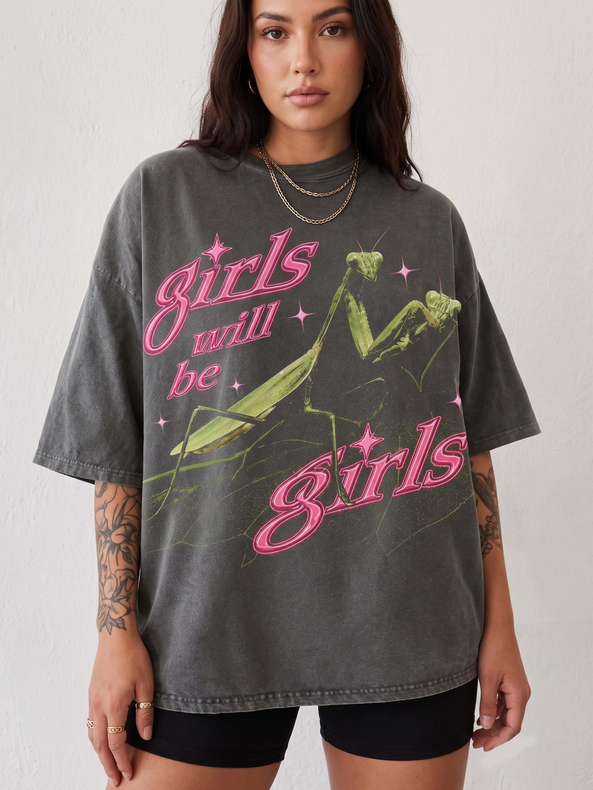 Girls Will Be Girls Praying Mantis Oversized Graphic Tee