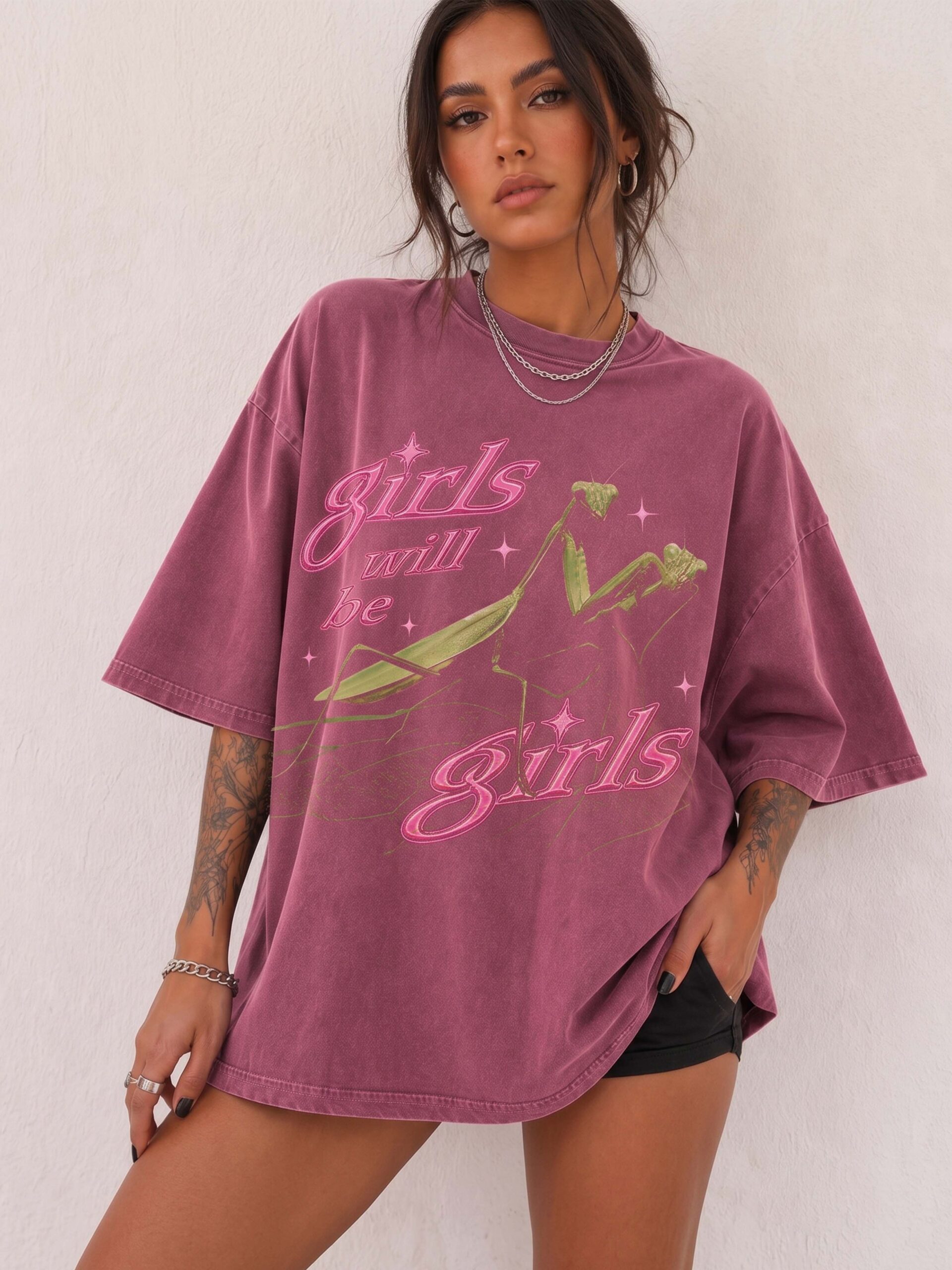 Girls Will Be Girls Praying Mantis Oversized Graphic Tee