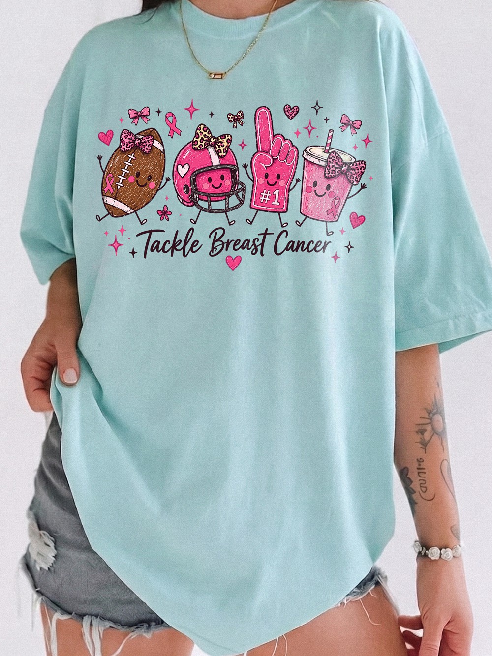 Tackle Breast Cancer Football T-Shirt - Cute Pink Ribbon Game Day Tee