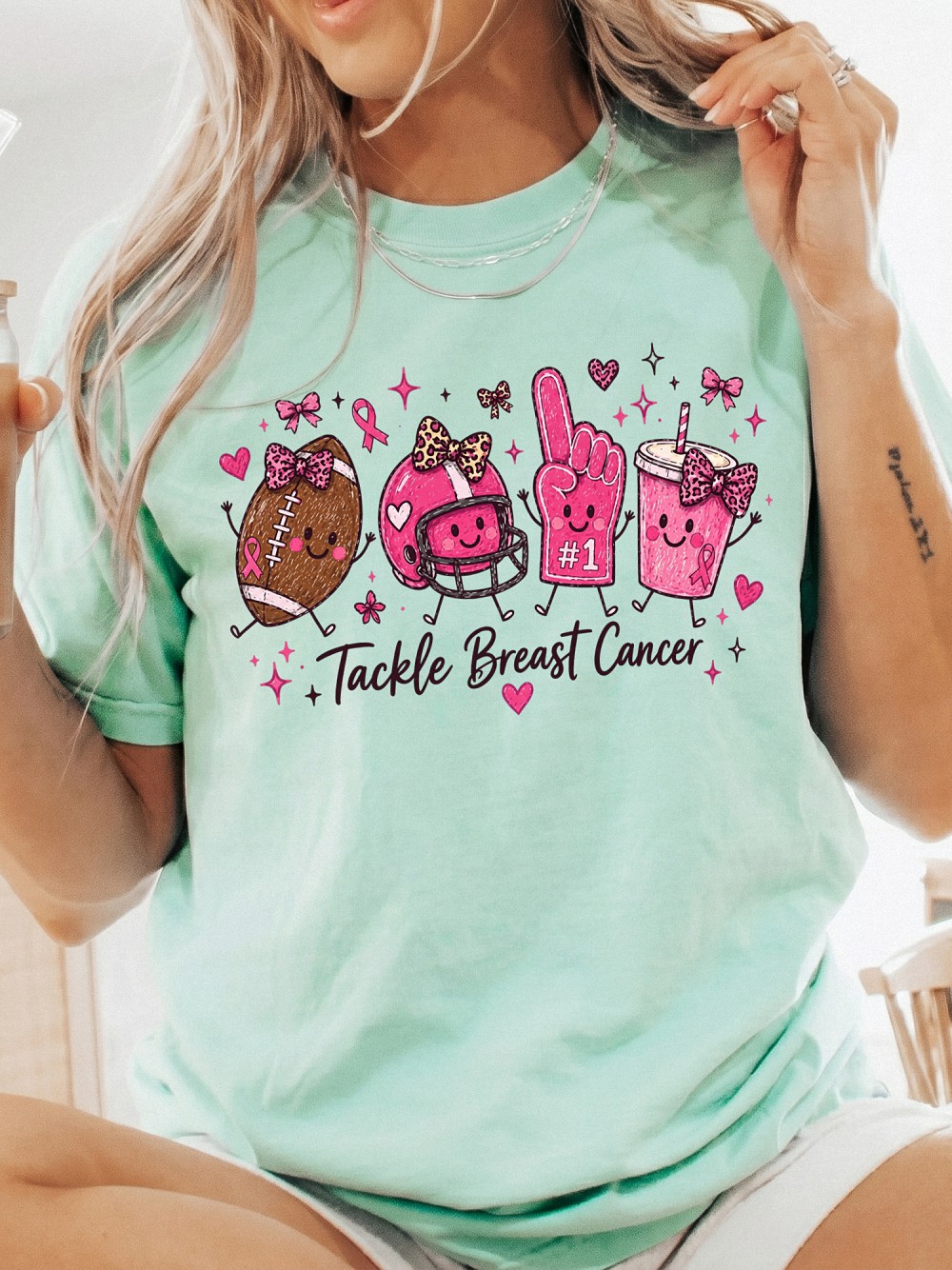 Tackle Breast Cancer Football T-Shirt - Cute Pink Ribbon Game Day Tee