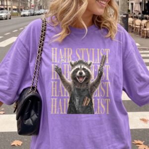 Funny Raccoon Hair Stylist Graphic Tee - Salon Humor Shirt