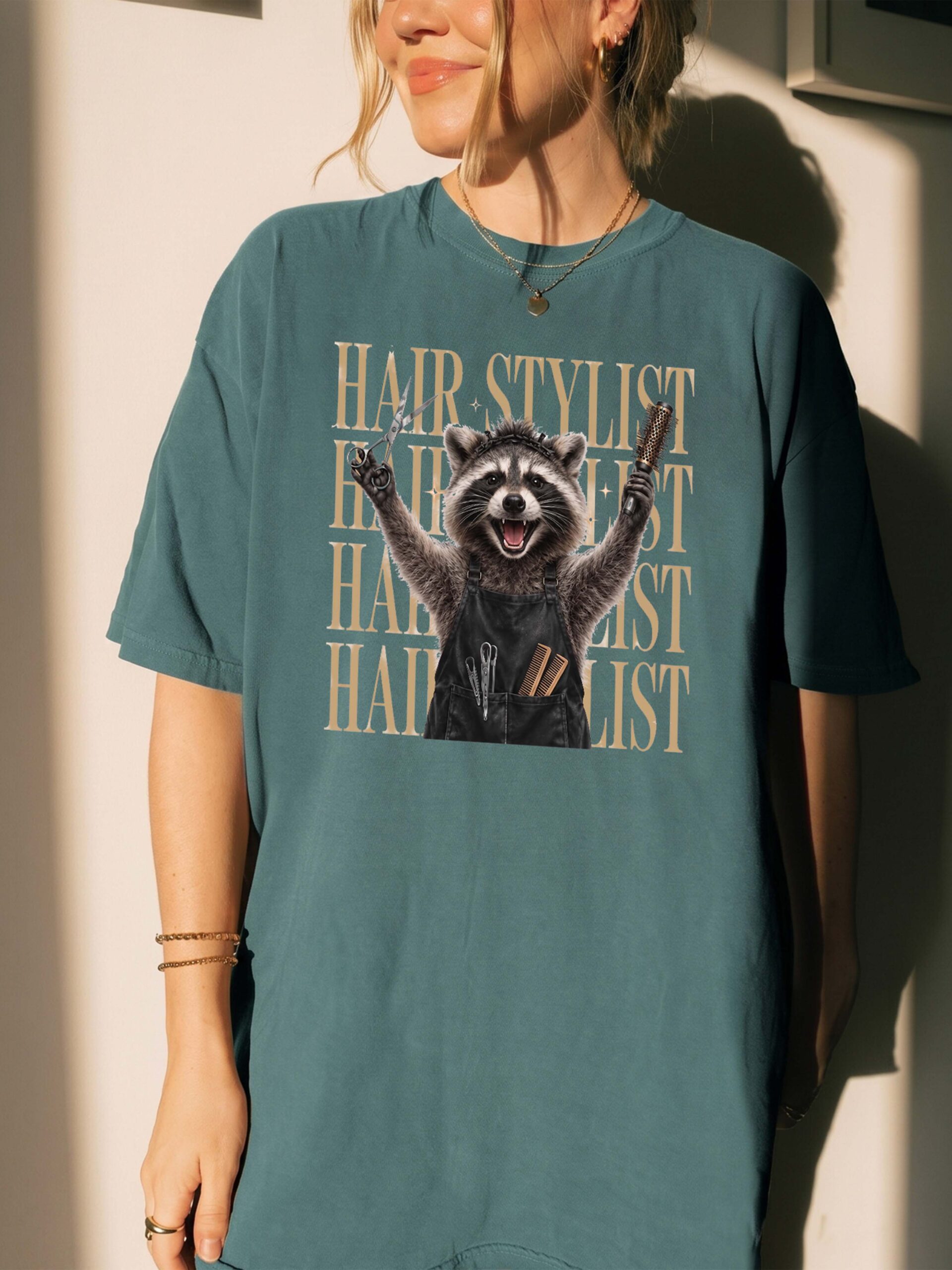 Funny Raccoon Hair Stylist Graphic Tee - Salon Humor Shirt