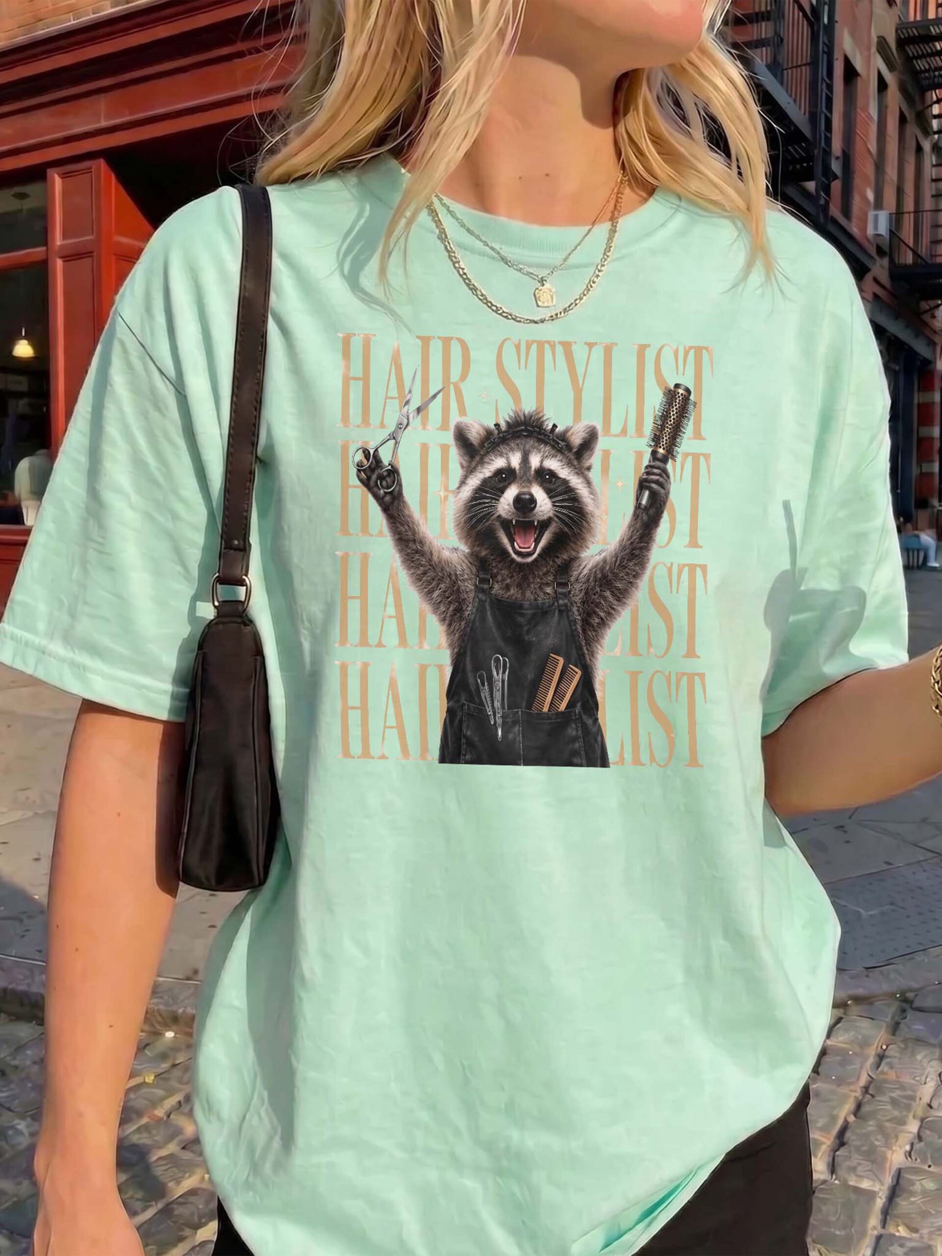Funny Raccoon Hair Stylist Graphic Tee - Salon Humor Shirt