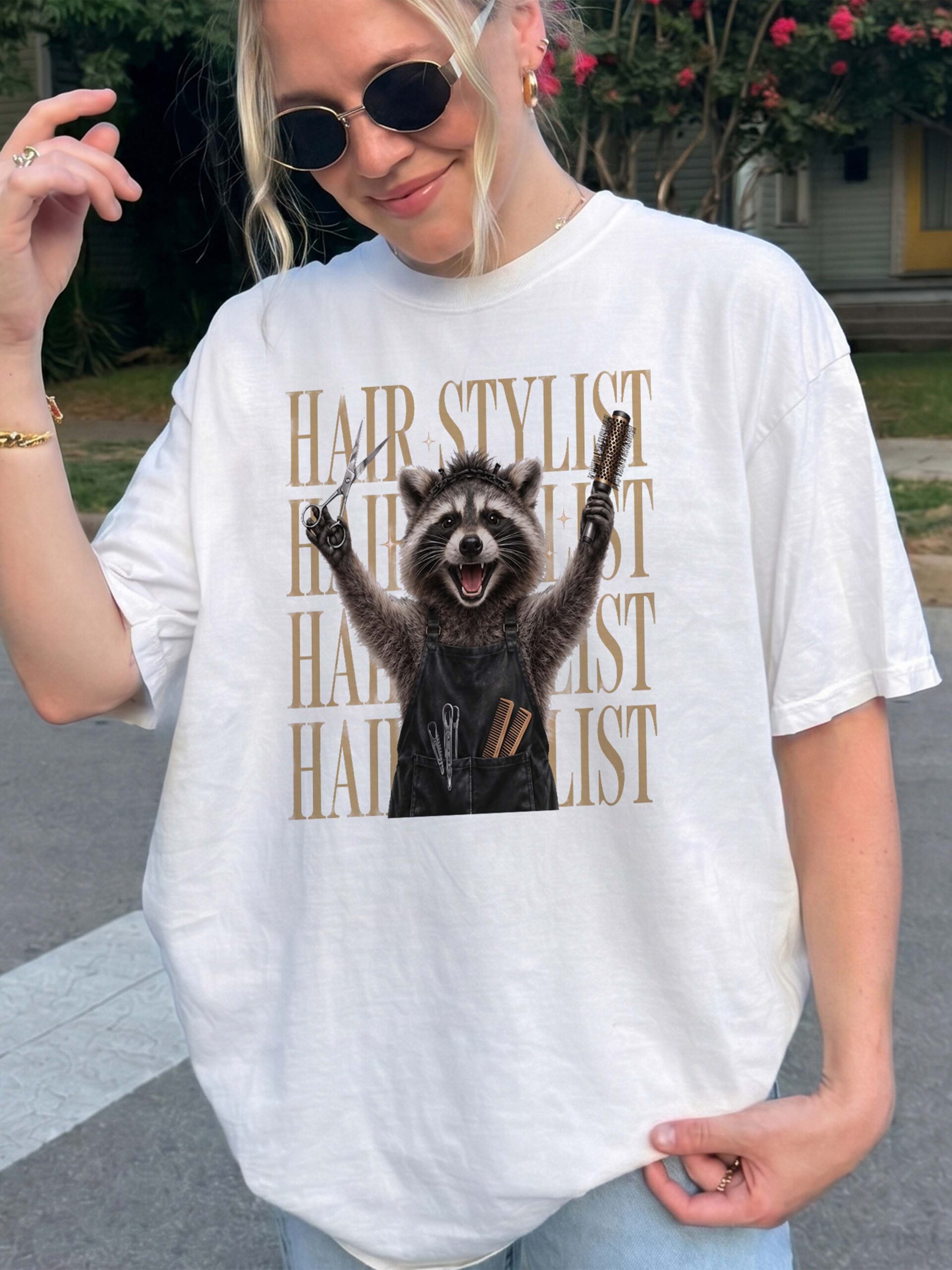 Funny Raccoon Hair Stylist Graphic Tee - Salon Humor Shirt