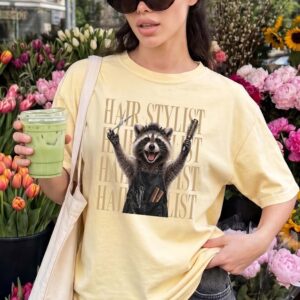 Funny Raccoon Hair Stylist Graphic Tee - Salon Humor Shirt