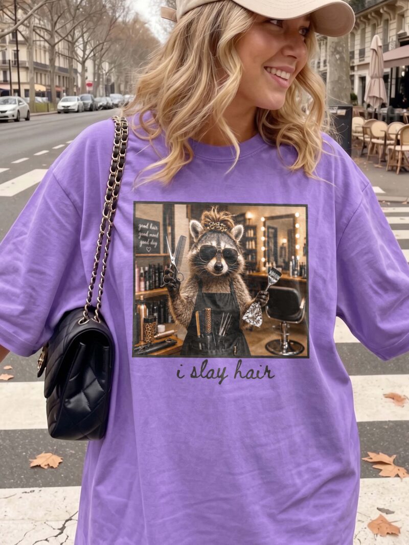 I Slay Hair Raccoon Hairstylist Graphic Tee - Funny Salon Gift