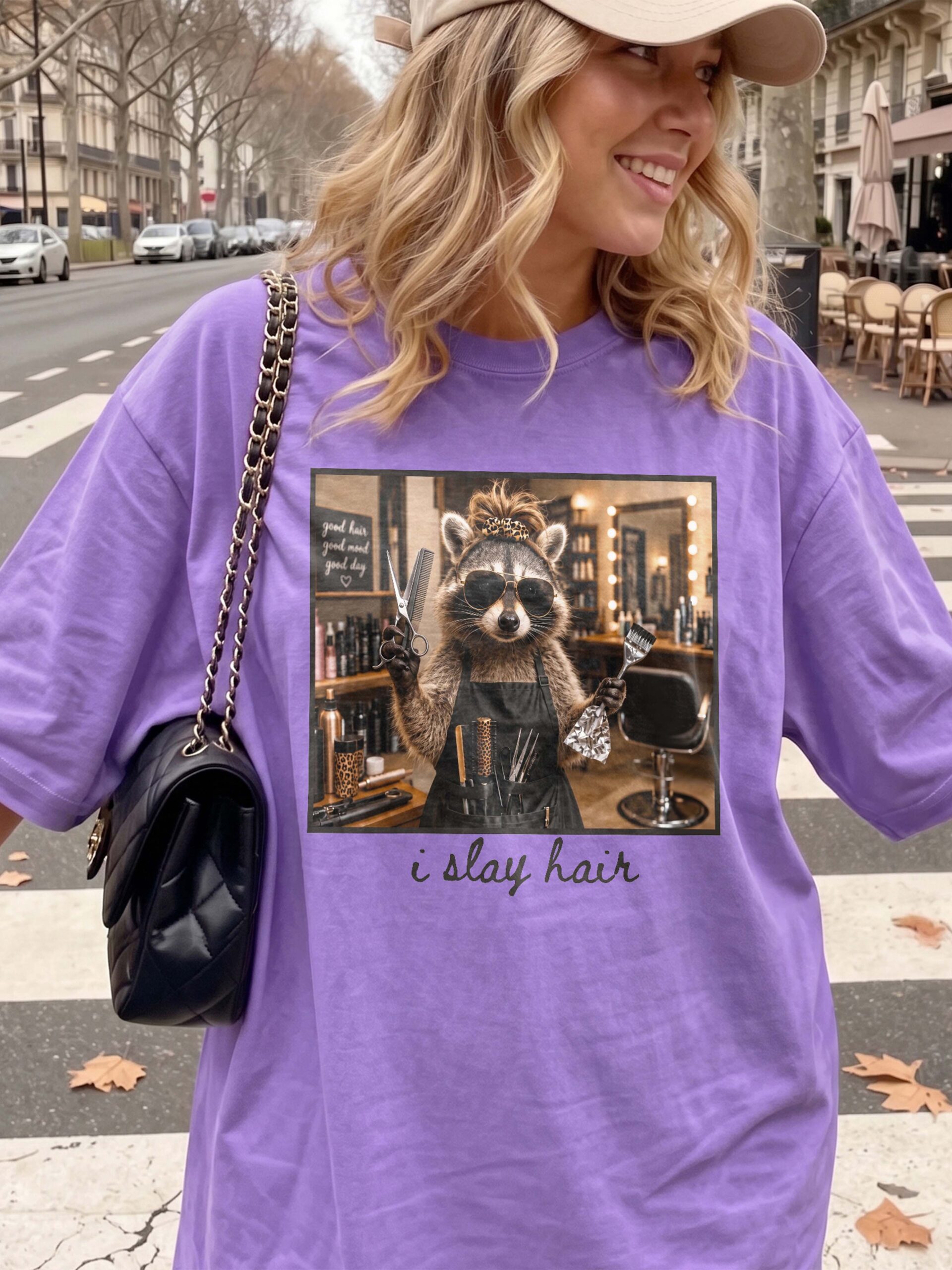 I Slay Hair Raccoon Hairstylist Graphic Tee - Funny Salon Gift