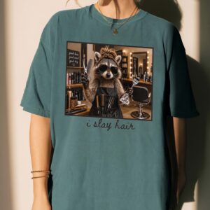 I Slay Hair Raccoon Hairstylist Graphic Tee - Funny Salon Gift