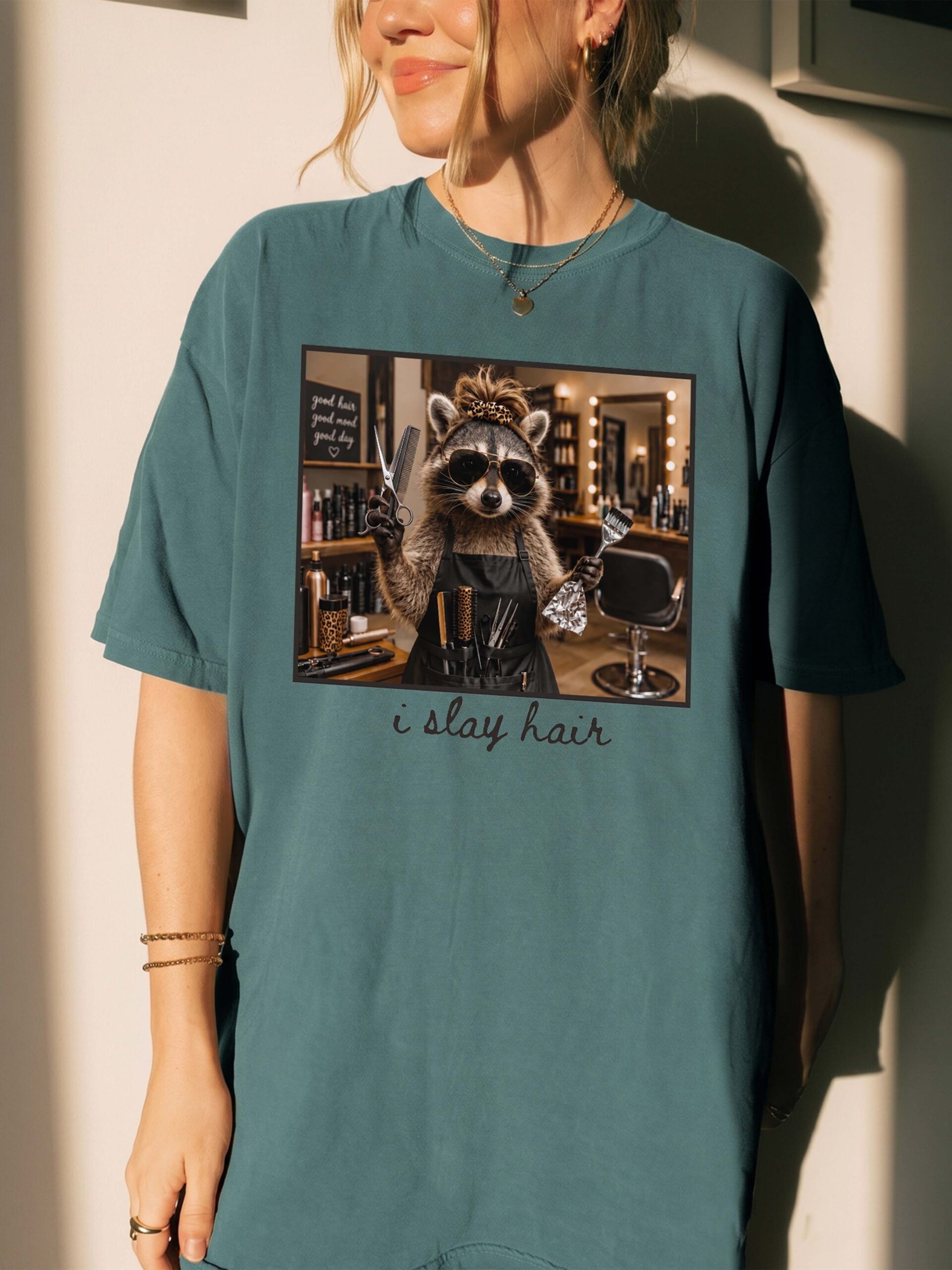 I Slay Hair Raccoon Hairstylist Graphic Tee - Funny Salon Gift