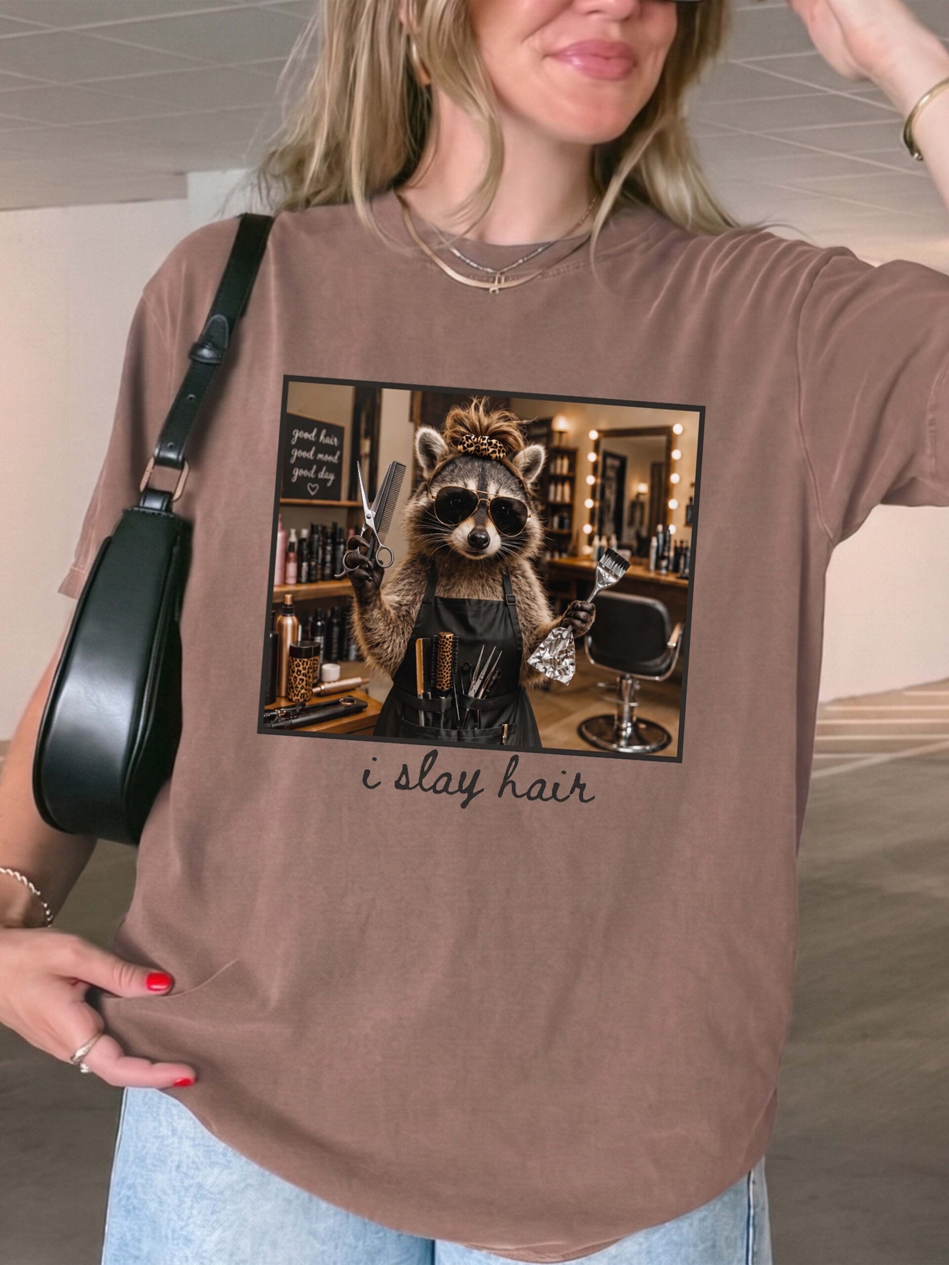 I Slay Hair Raccoon Hairstylist Graphic Tee - Funny Salon Gift