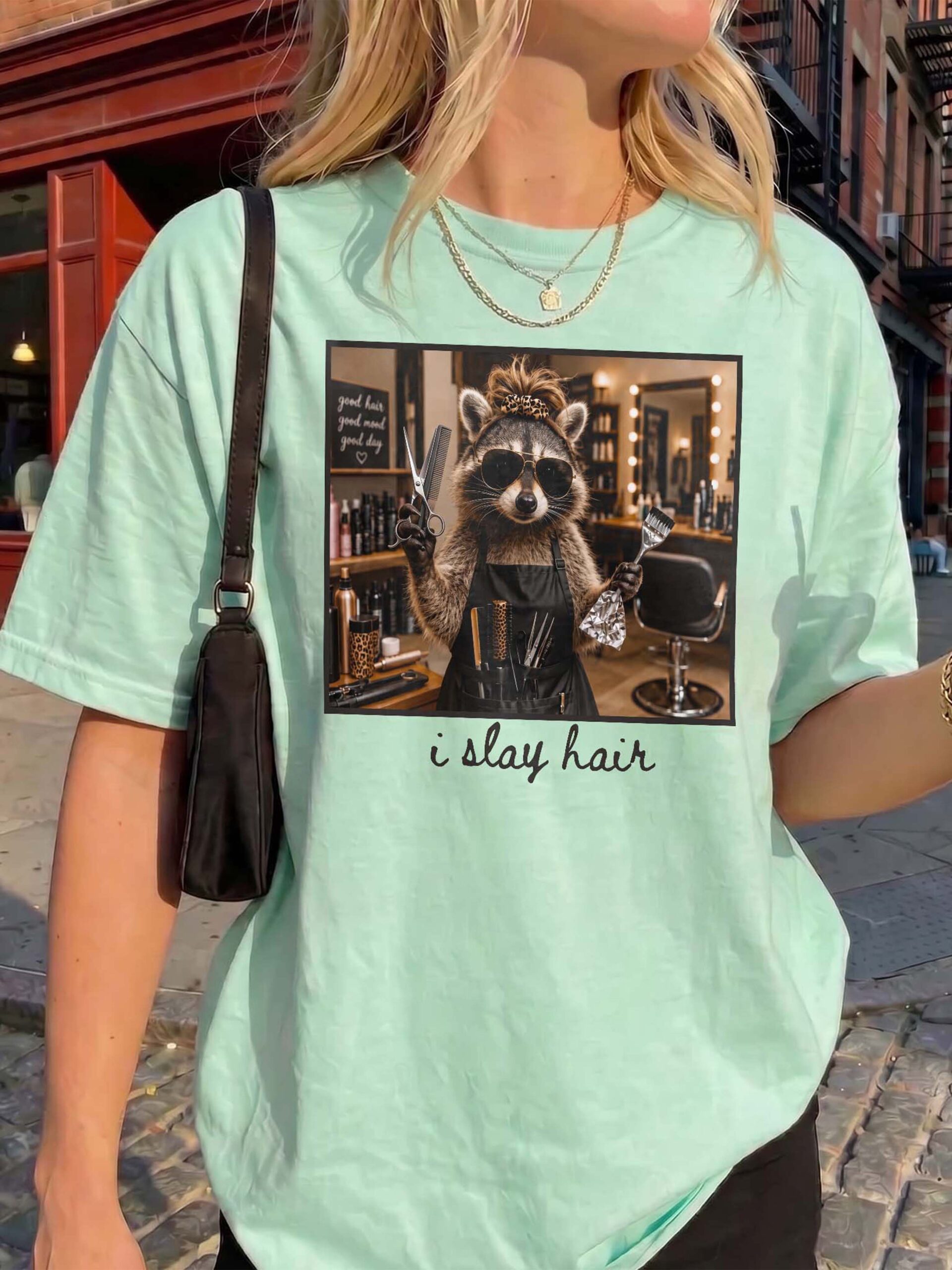 I Slay Hair Raccoon Hairstylist Graphic Tee - Funny Salon Gift