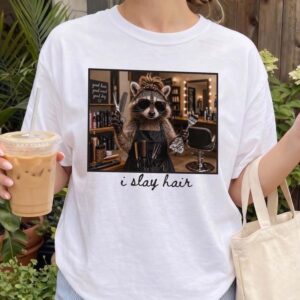 I Slay Hair Raccoon Hairstylist Graphic Tee - Funny Salon Gift
