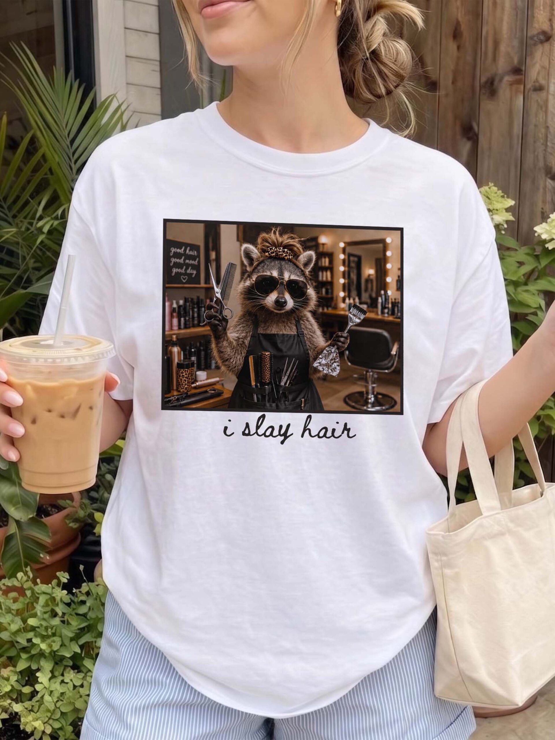 I Slay Hair Raccoon Hairstylist Graphic Tee - Funny Salon Gift