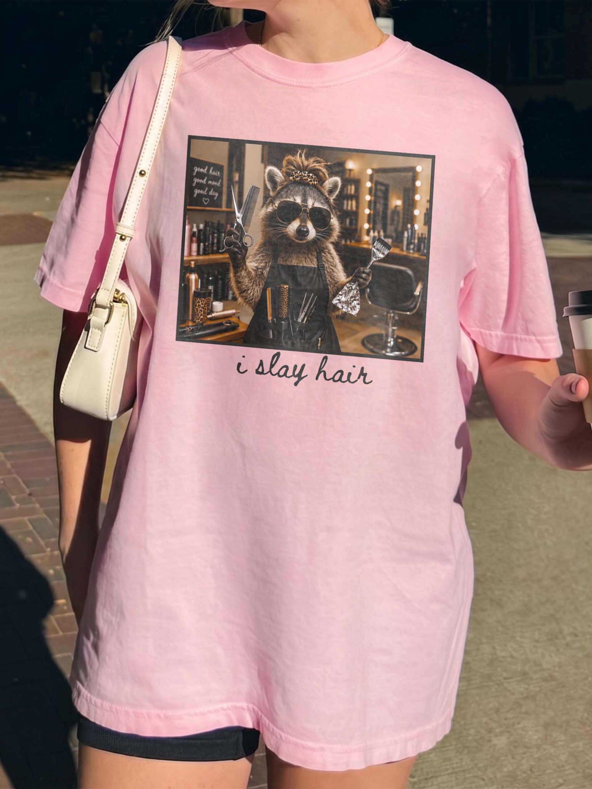 I Slay Hair Raccoon Hairstylist Graphic Tee - Funny Salon Gift
