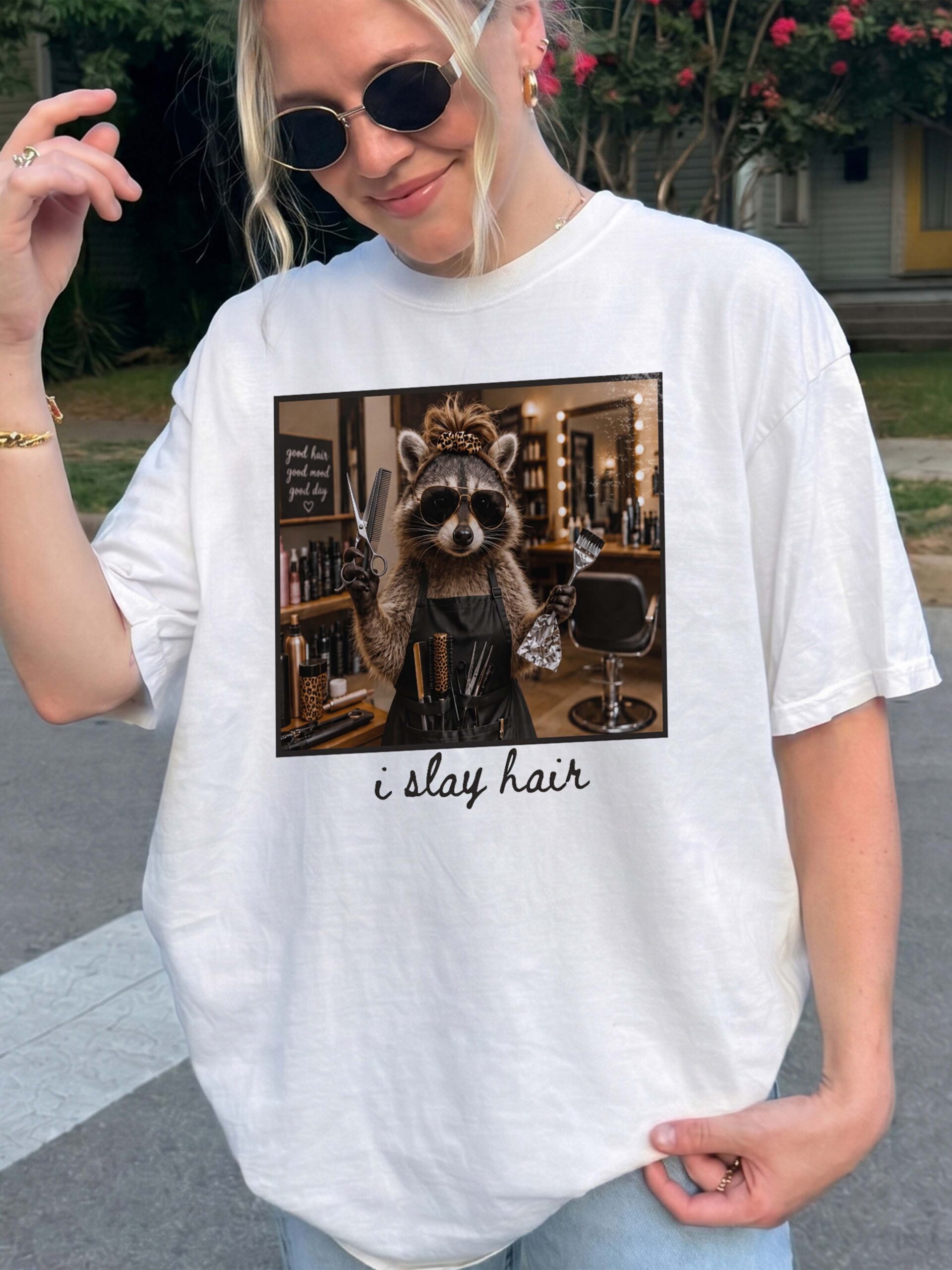 I Slay Hair Raccoon Hairstylist Graphic Tee - Funny Salon Gift