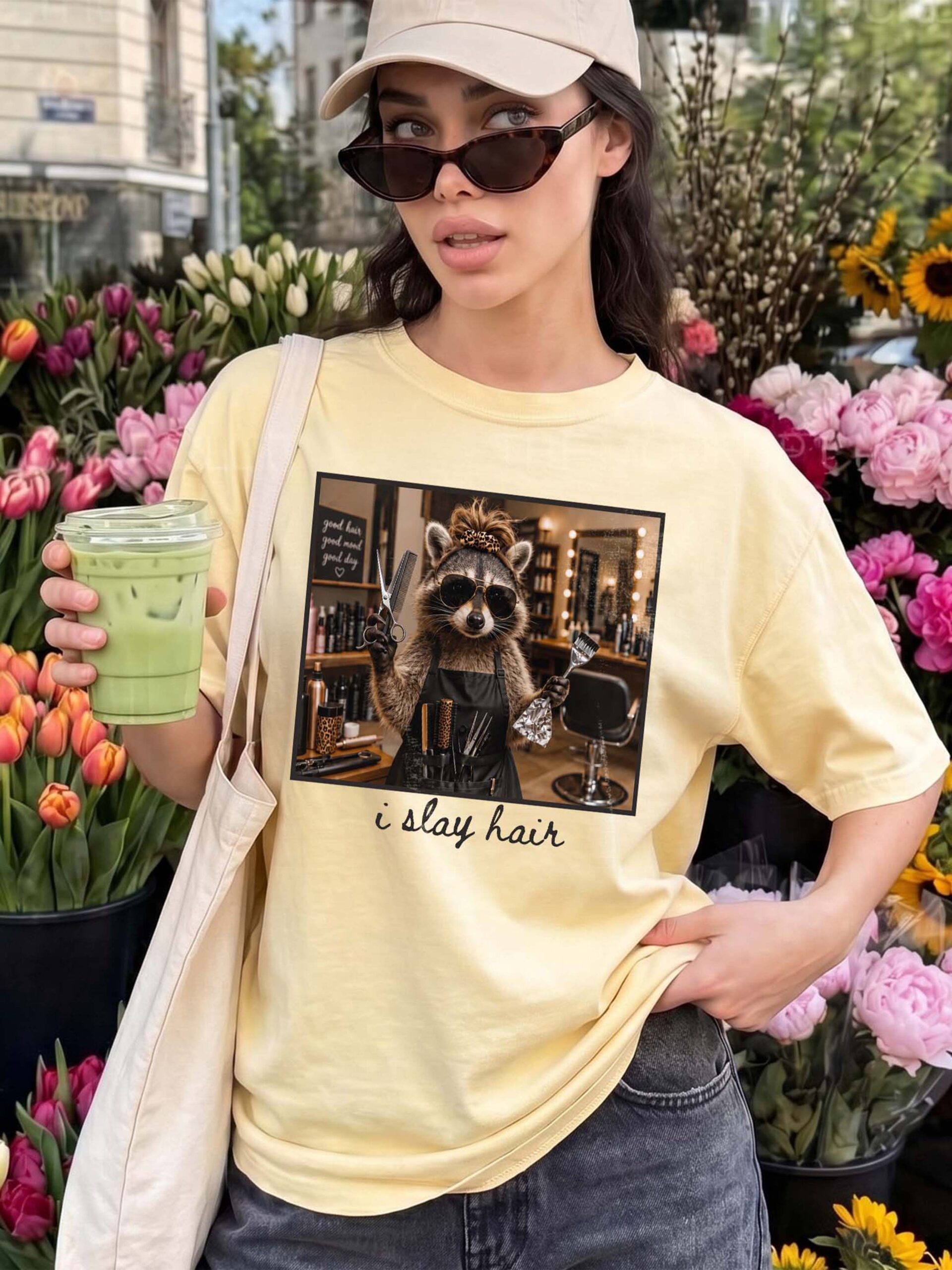 I Slay Hair Raccoon Hairstylist Graphic Tee - Funny Salon Gift