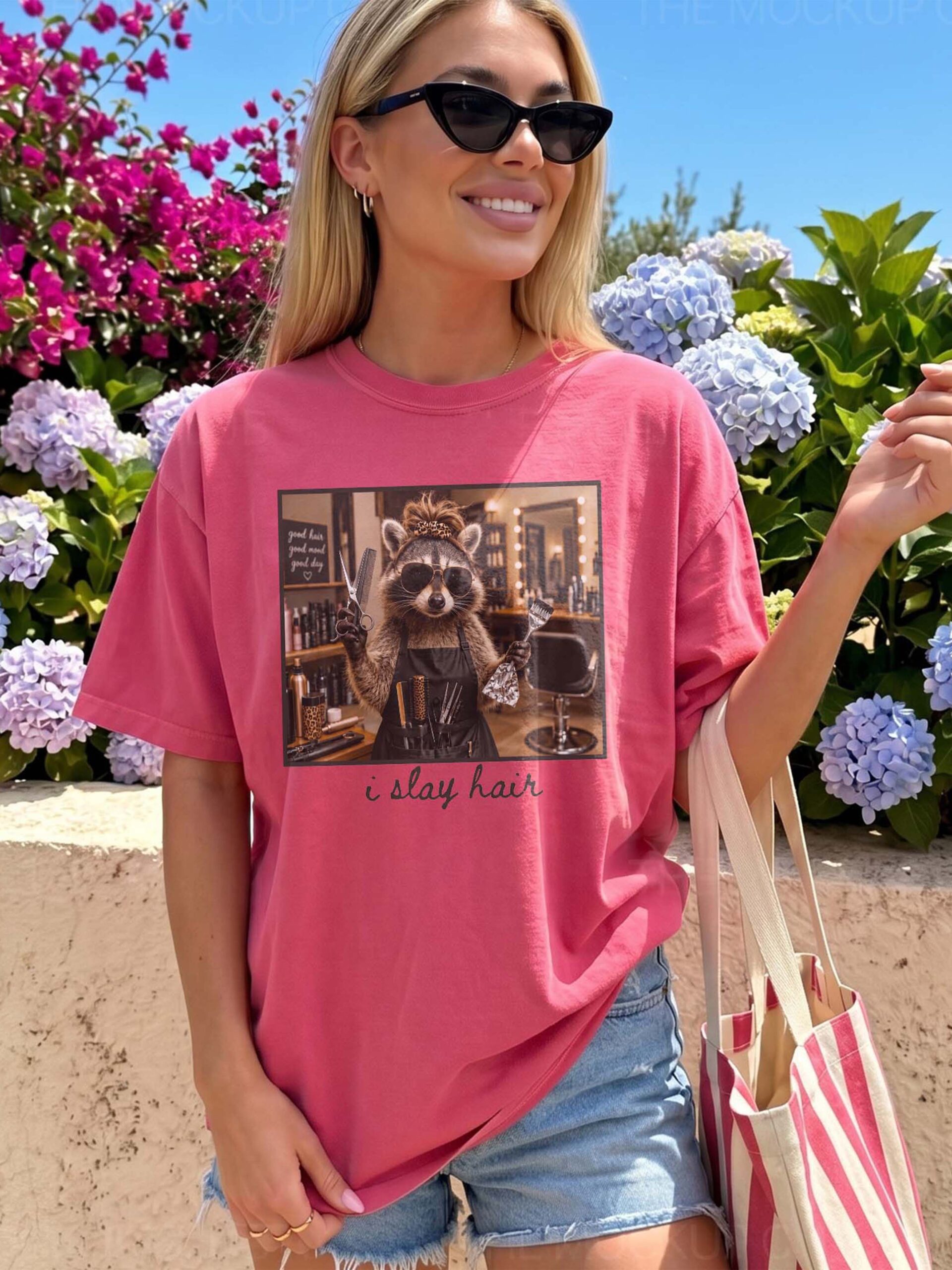 I Slay Hair Raccoon Hairstylist Graphic Tee - Funny Salon Gift