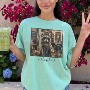 I Slay Hair Raccoon Hairstylist Graphic Tee - Funny Salon Gift