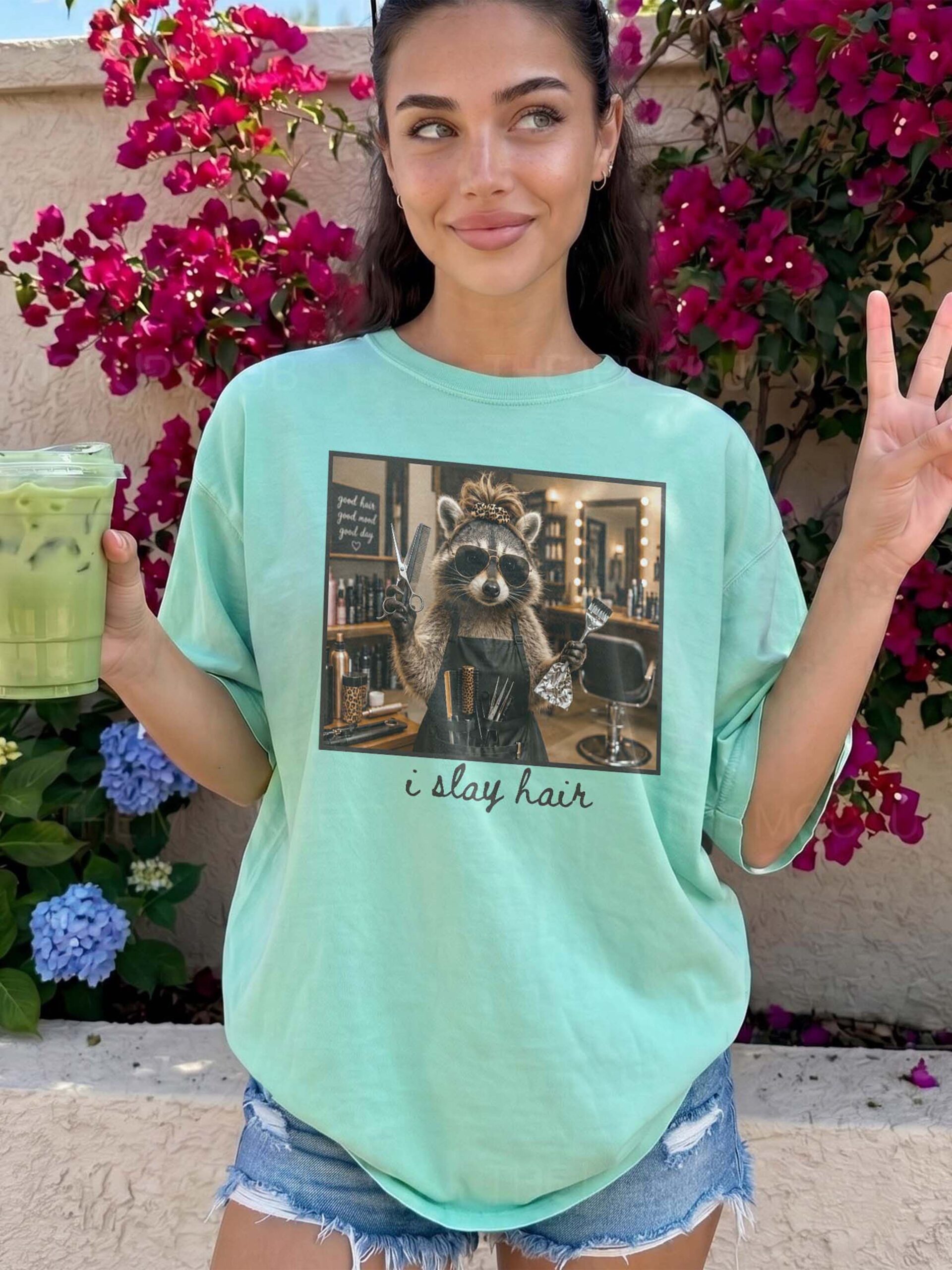 I Slay Hair Raccoon Hairstylist Graphic Tee - Funny Salon Gift
