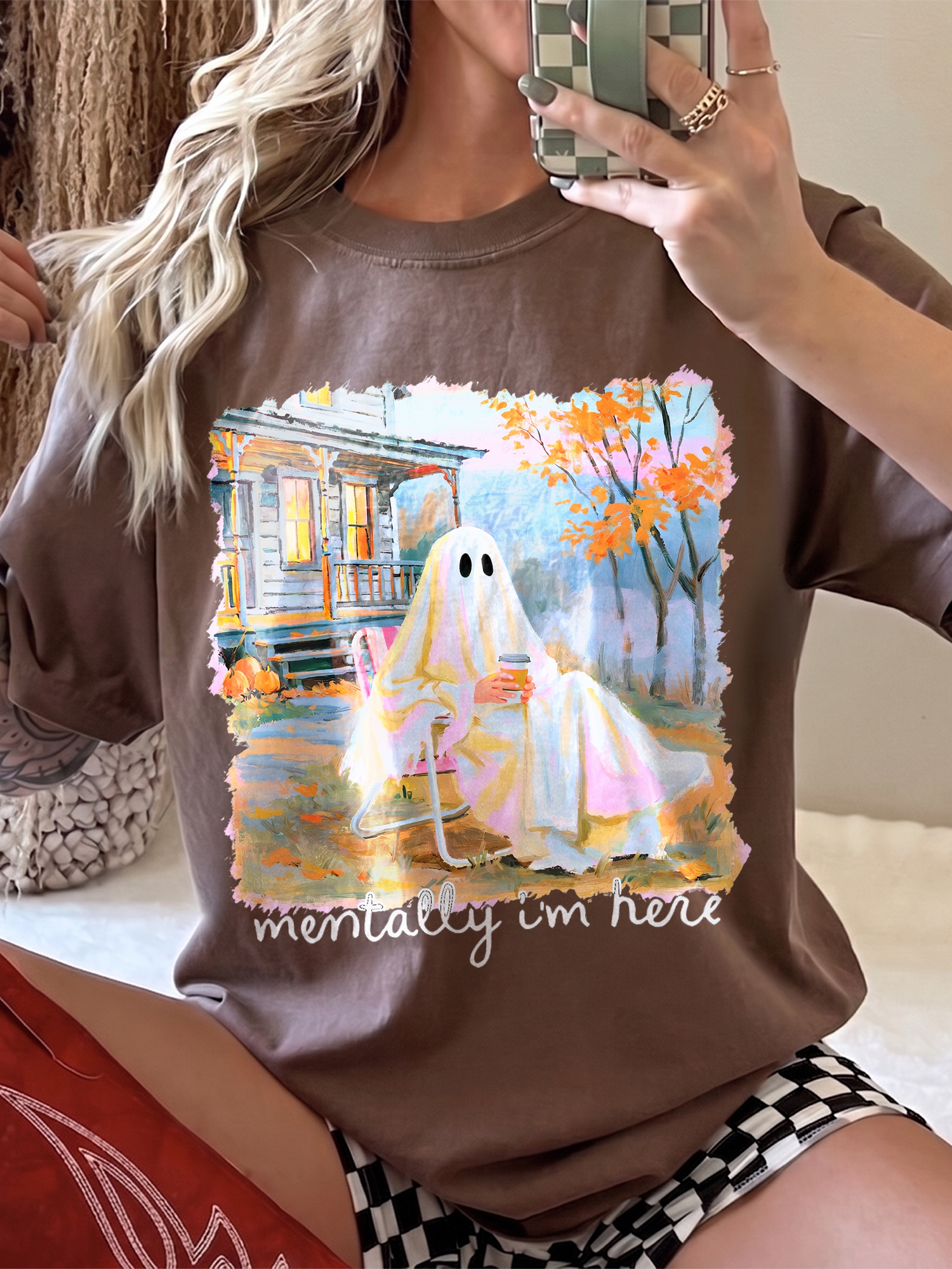 Mentally I'm Here Ghost Shirt - Cozy Fall Coffee Graphic Tee